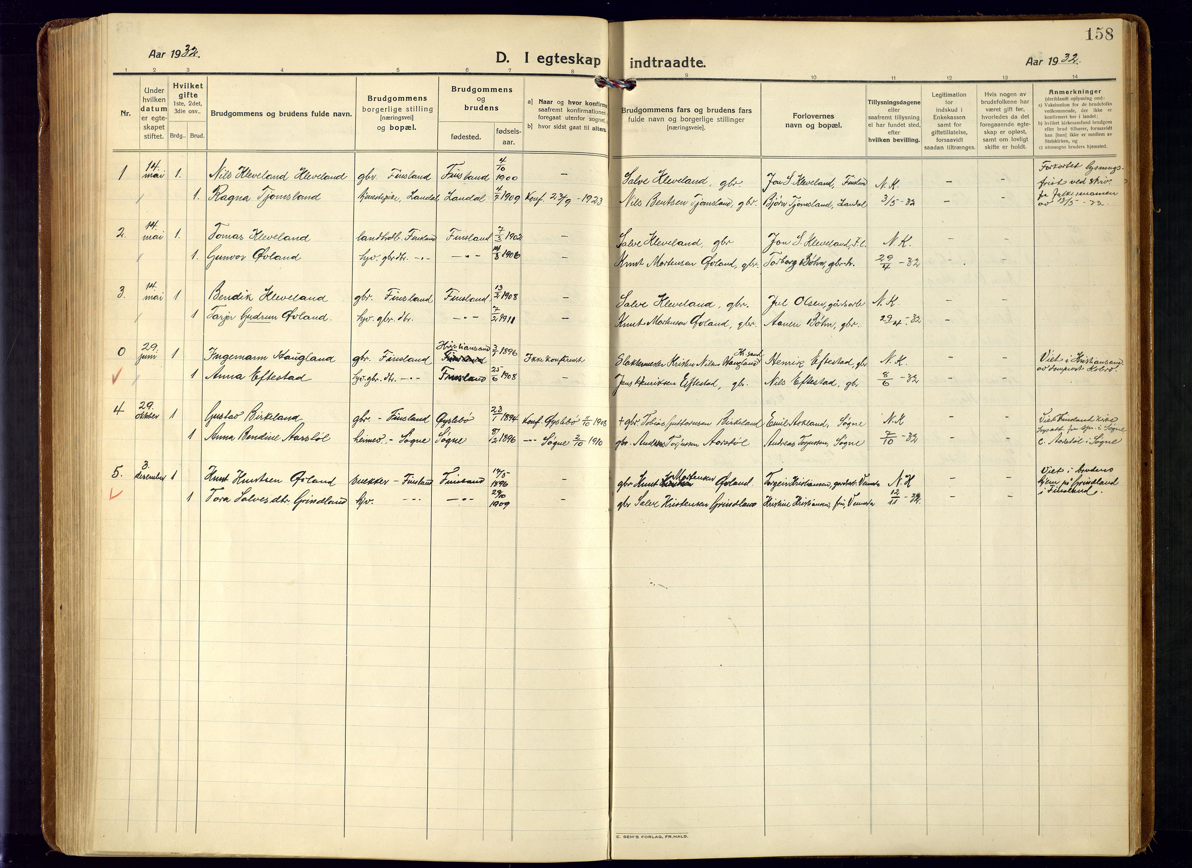 Bjelland sokneprestkontor, SAK/1111-0005/F/Fa/Fab/L0005: Parish register (official) no. A 5, 1921-1951, p. 158