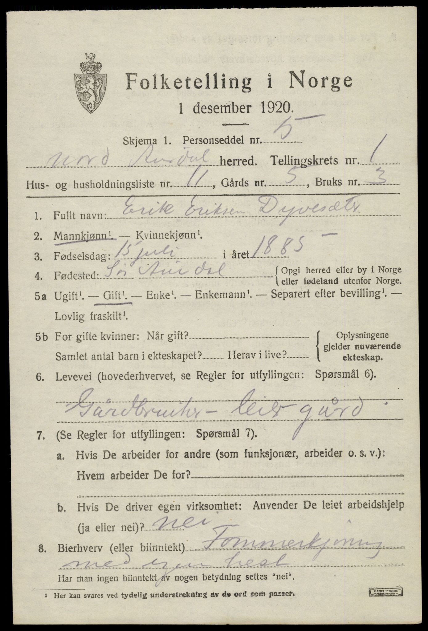 SAH, 1920 census for Nord-Aurdal, 1920, p. 2000