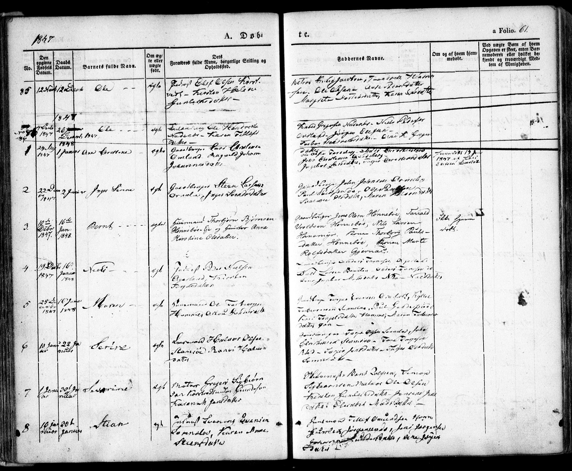 Søndeled sokneprestkontor, SAK/1111-0038/F/Fa/L0002: Parish register (official) no. A 2, 1839-1860, p. 61