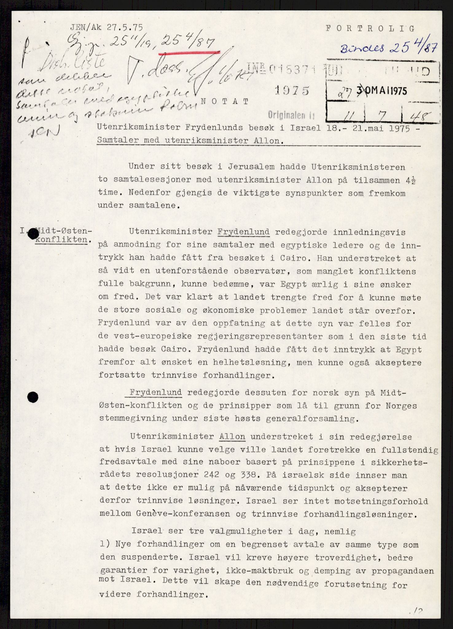 Utenriksdepartementet, hovedarkiv, AV/RA-S-6794/D/Db/Dba/L0777/0001: Verdenspolitikk. Fremmede staters politikk (G.L.) / Israel: Politikk (3 mapper), 1973-1975, p. 1023