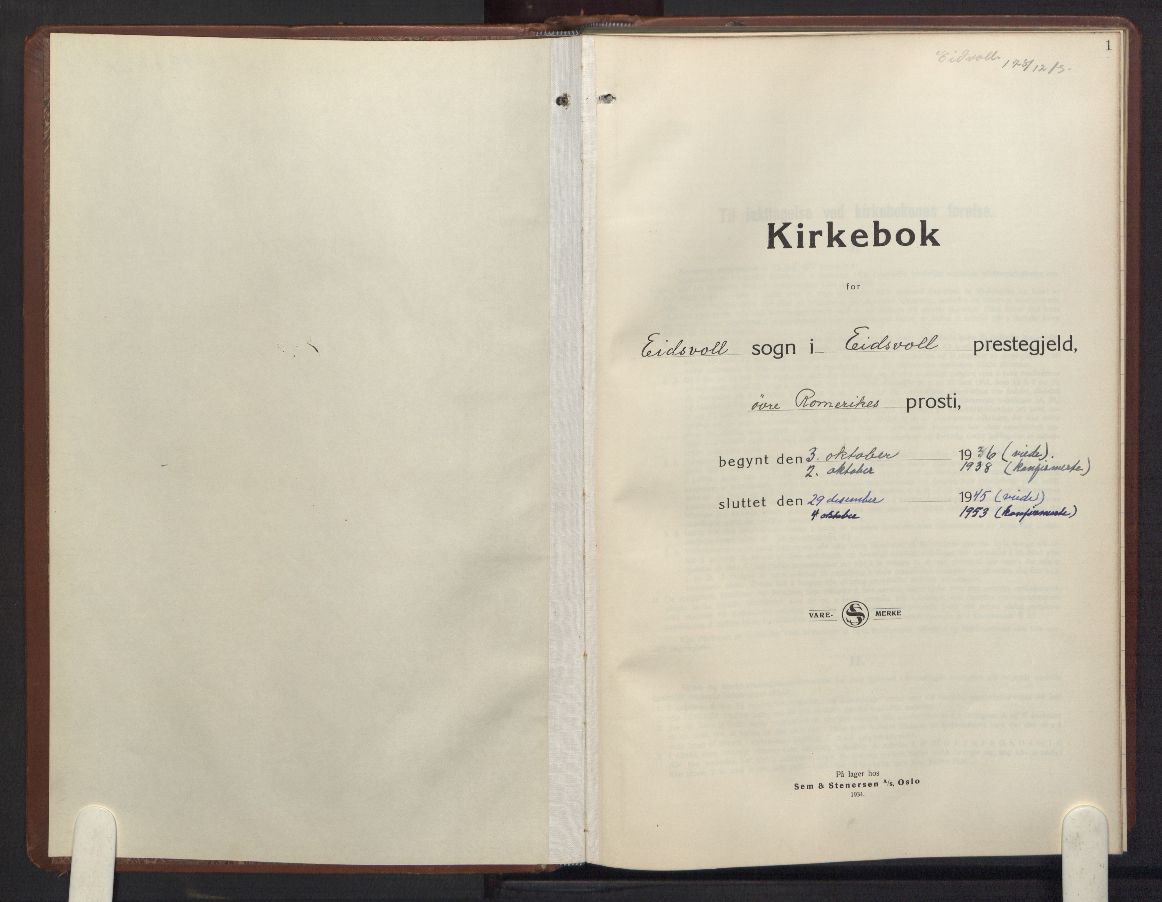 Eidsvoll prestekontor Kirkebøker, AV/SAO-A-10888/G/Ga/L0013: Parish register (copy) no. I 13, 1936-1953, p. 1