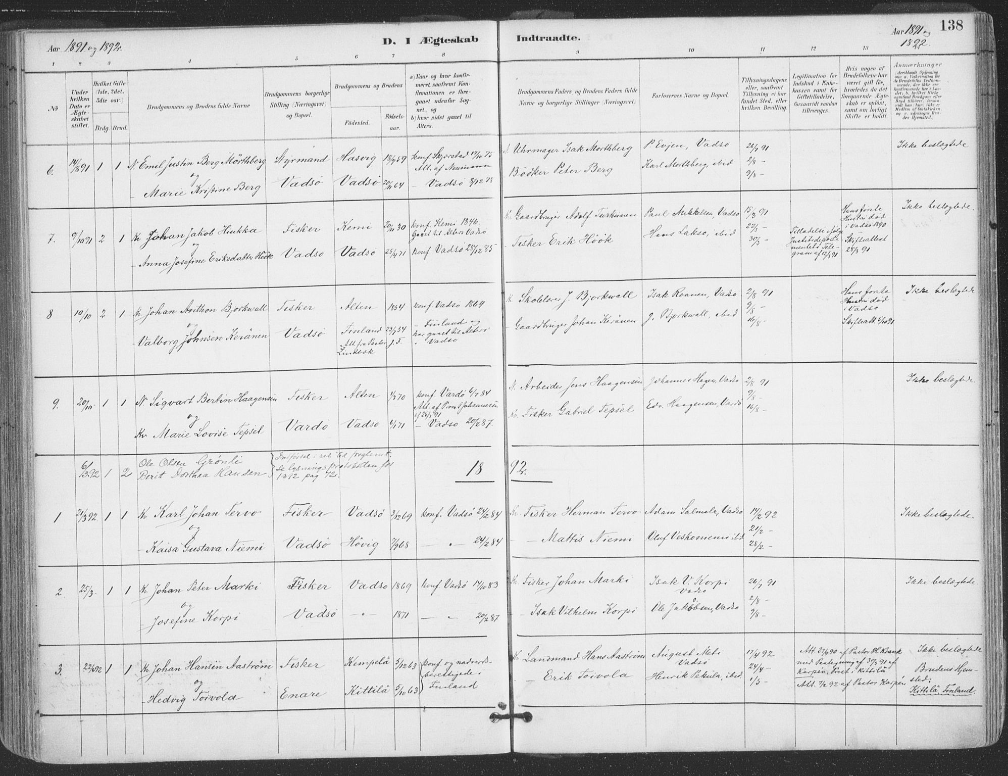Vadsø sokneprestkontor, SATØ/S-1325/H/Ha/L0006kirke: Parish register (official) no. 6, 1885-1895, p. 138