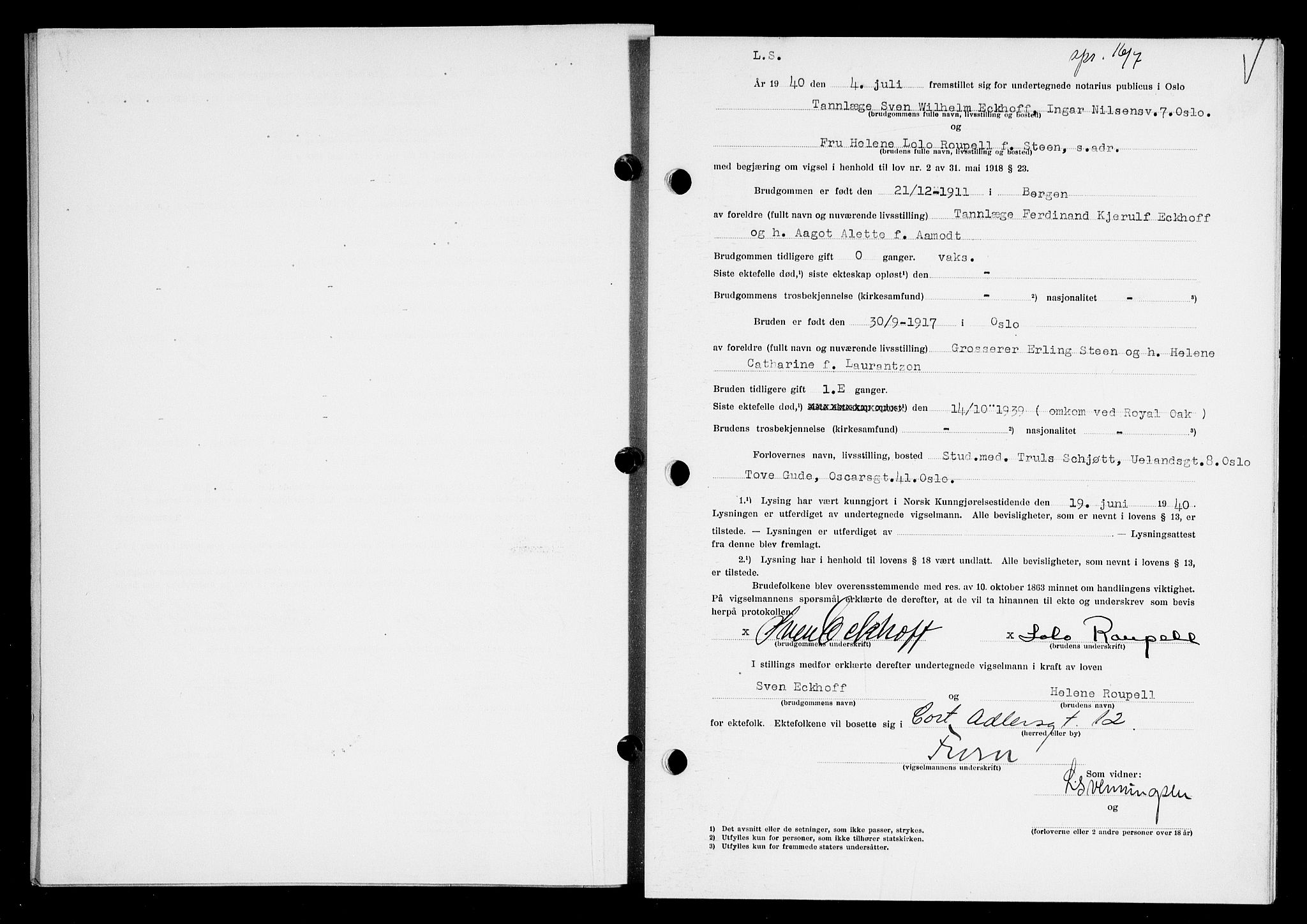 Oslo byfogd avd. I, AV/SAO-A-10220/L/Lb/Lbb/L0035: Notarialprotokoll, rekke II: Vigsler, 1940