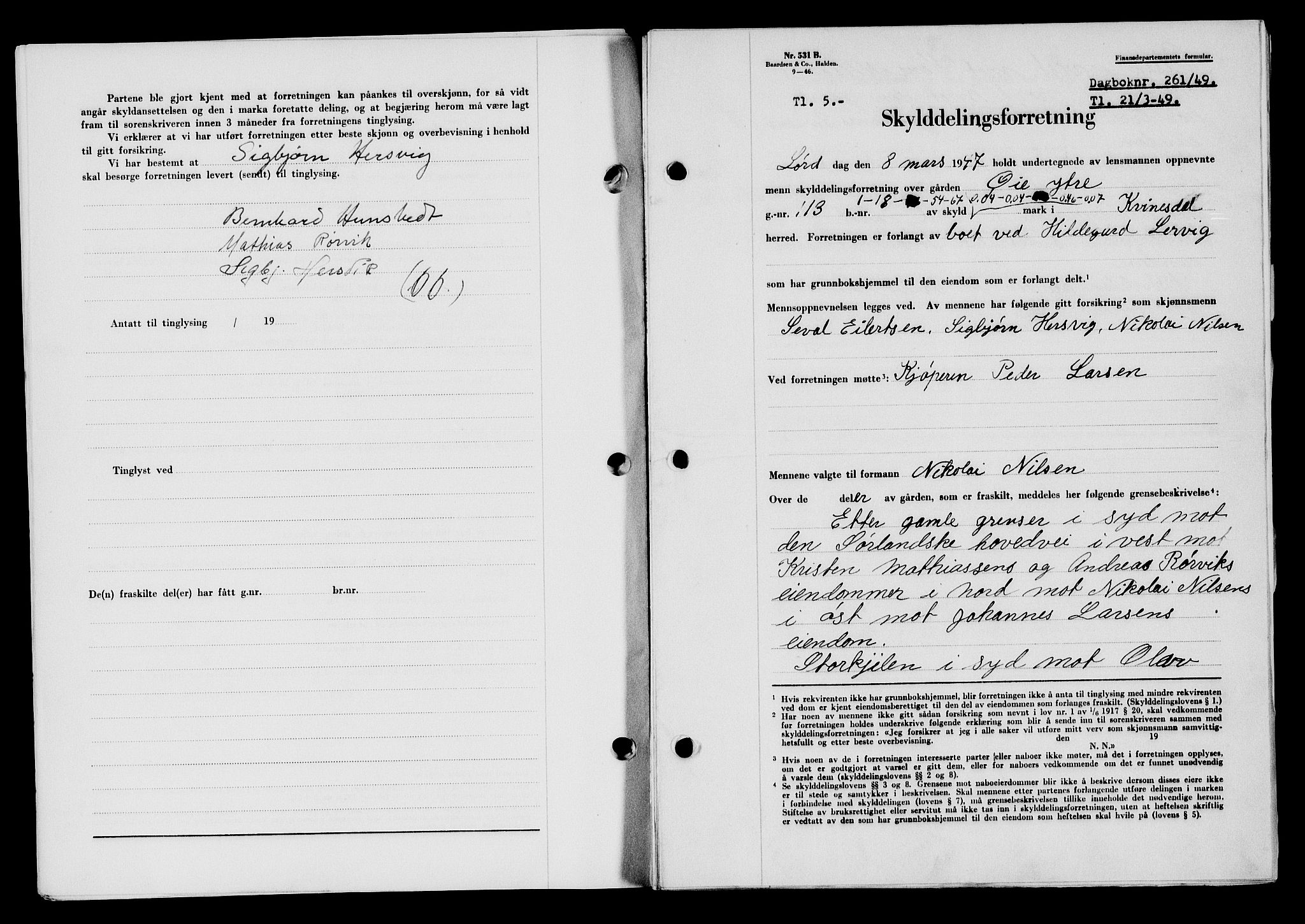 Flekkefjord sorenskriveri, SAK/1221-0001/G/Gb/Gba/L0065: Mortgage book no. A-13, 1949-1949, Diary no: : 261/1949