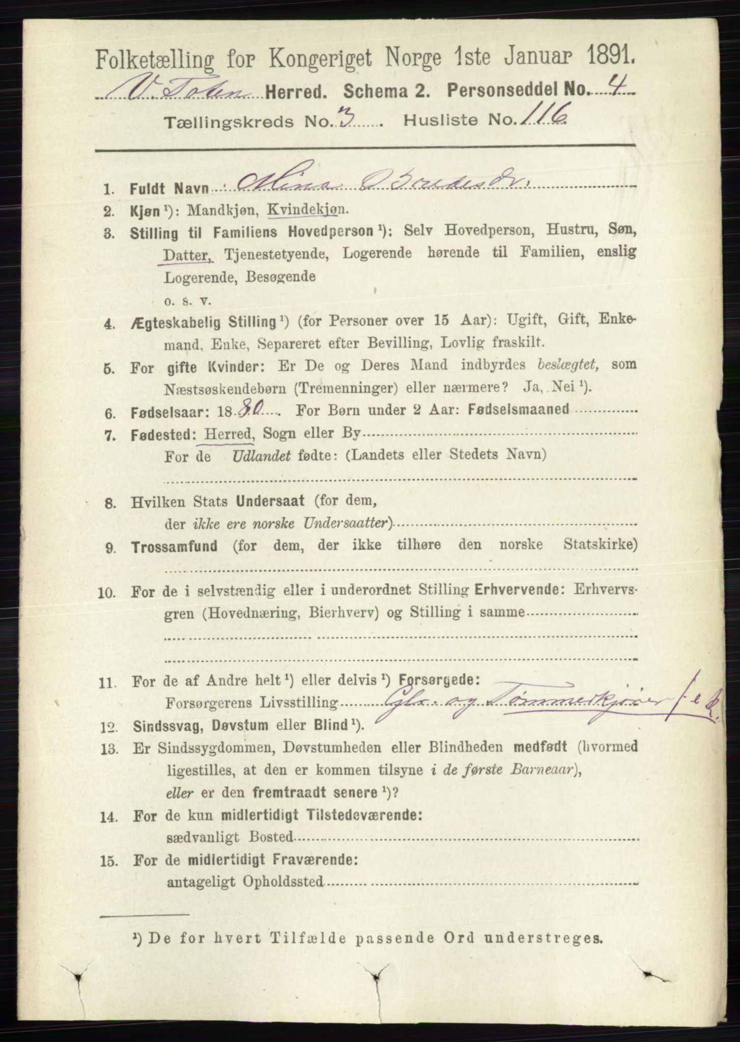 RA, 1891 census for 0529 Vestre Toten, 1891, p. 2580