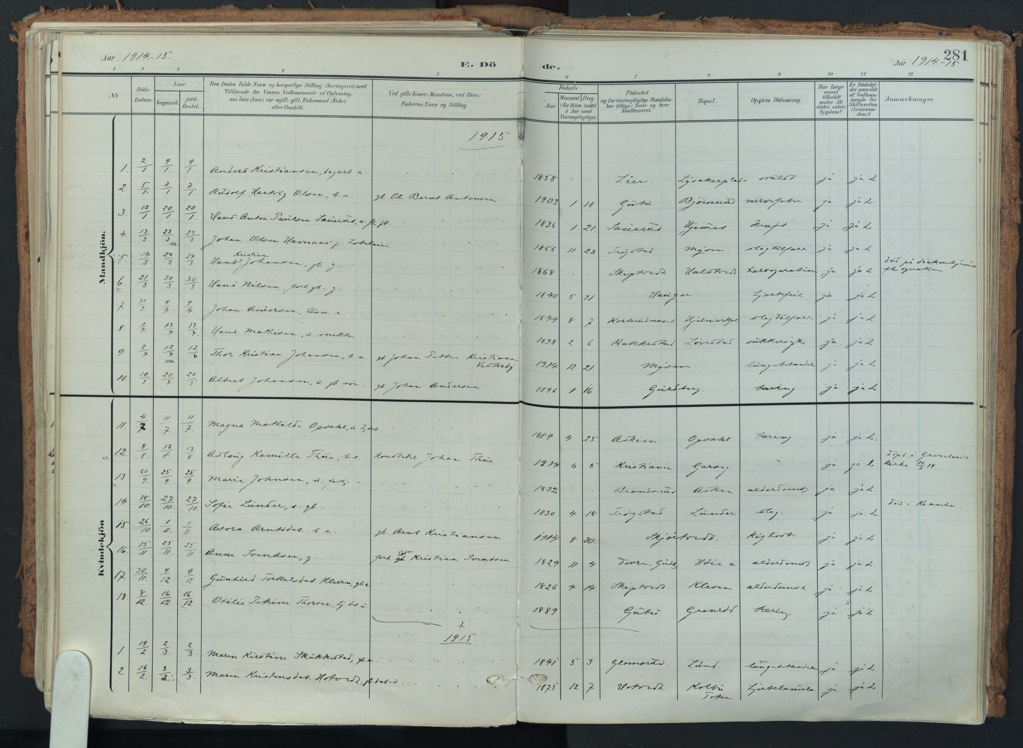 Eidsberg prestekontor Kirkebøker, AV/SAO-A-10905/F/Fa/L0014: Parish register (official) no. I 14, 1902-1919, p. 281