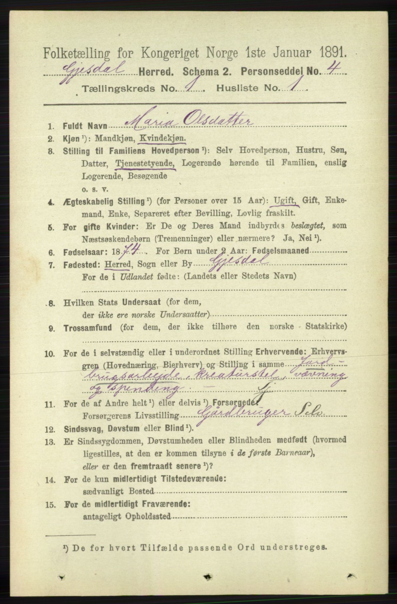 RA, 1891 census for 1122 Gjesdal, 1891, p. 63