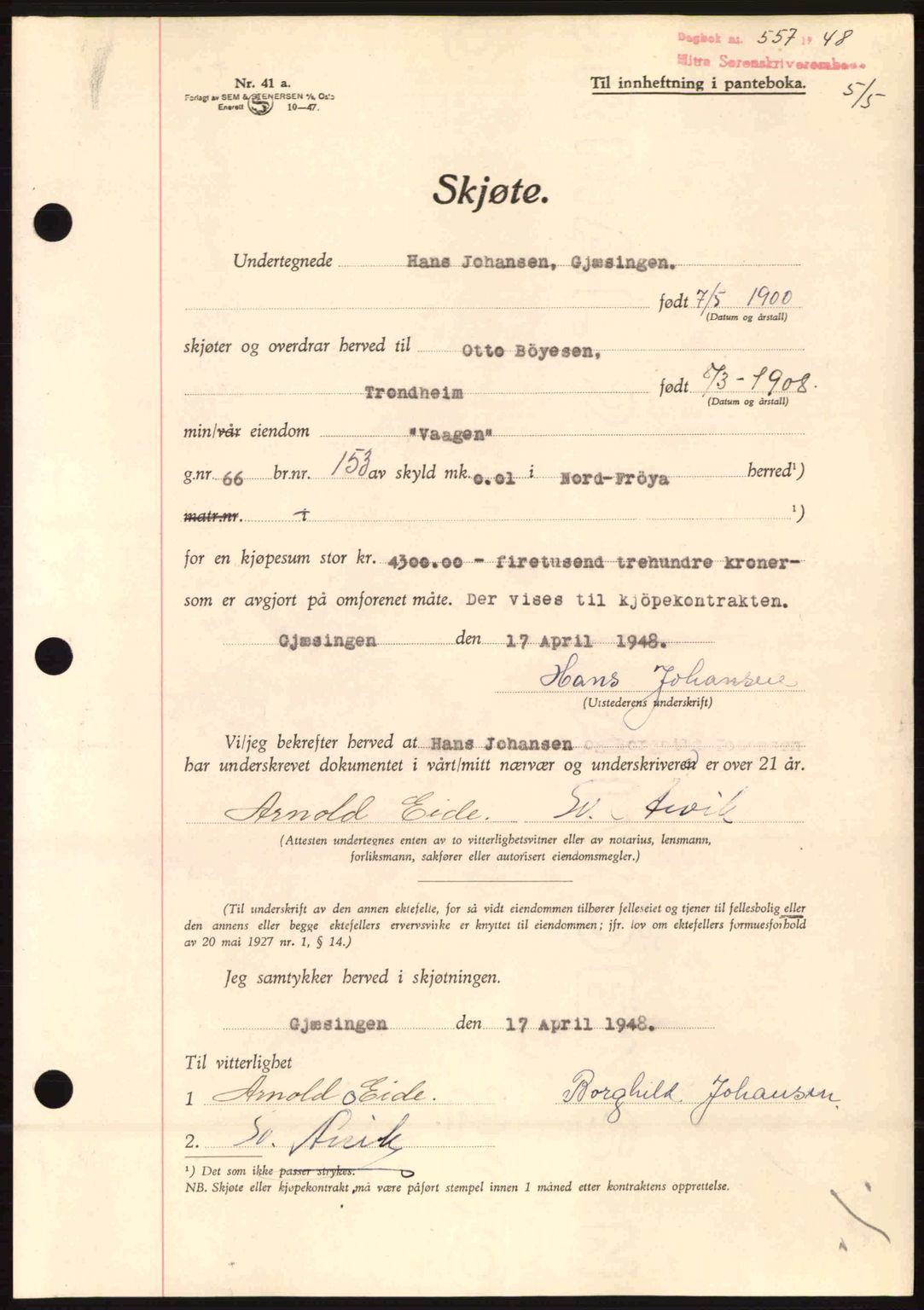 Hitra sorenskriveri, AV/SAT-A-0018/2/2C/2Ca: Mortgage book no. A5, 1947-1948, Diary no: : 557/1948