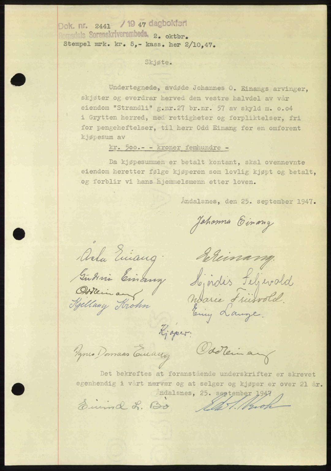 Romsdal sorenskriveri, SAT/A-4149/1/2/2C: Mortgage book no. A24, 1947-1947, Diary no: : 2441/1947