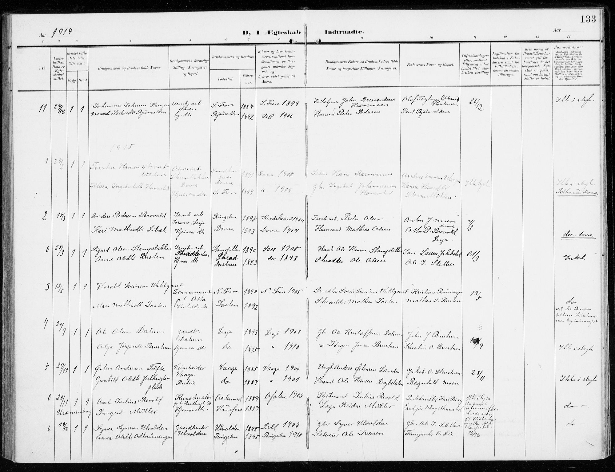 Sel prestekontor, SAH/PREST-074/H/Ha/Haa/L0002: Parish register (official) no. 2, 1905-1919, p. 133