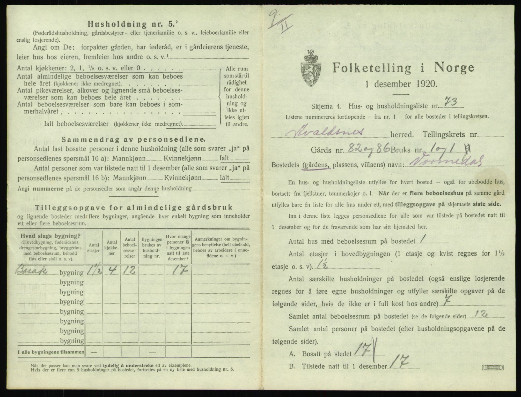 SAST, 1920 census for Avaldsnes, 1920, p. 1443