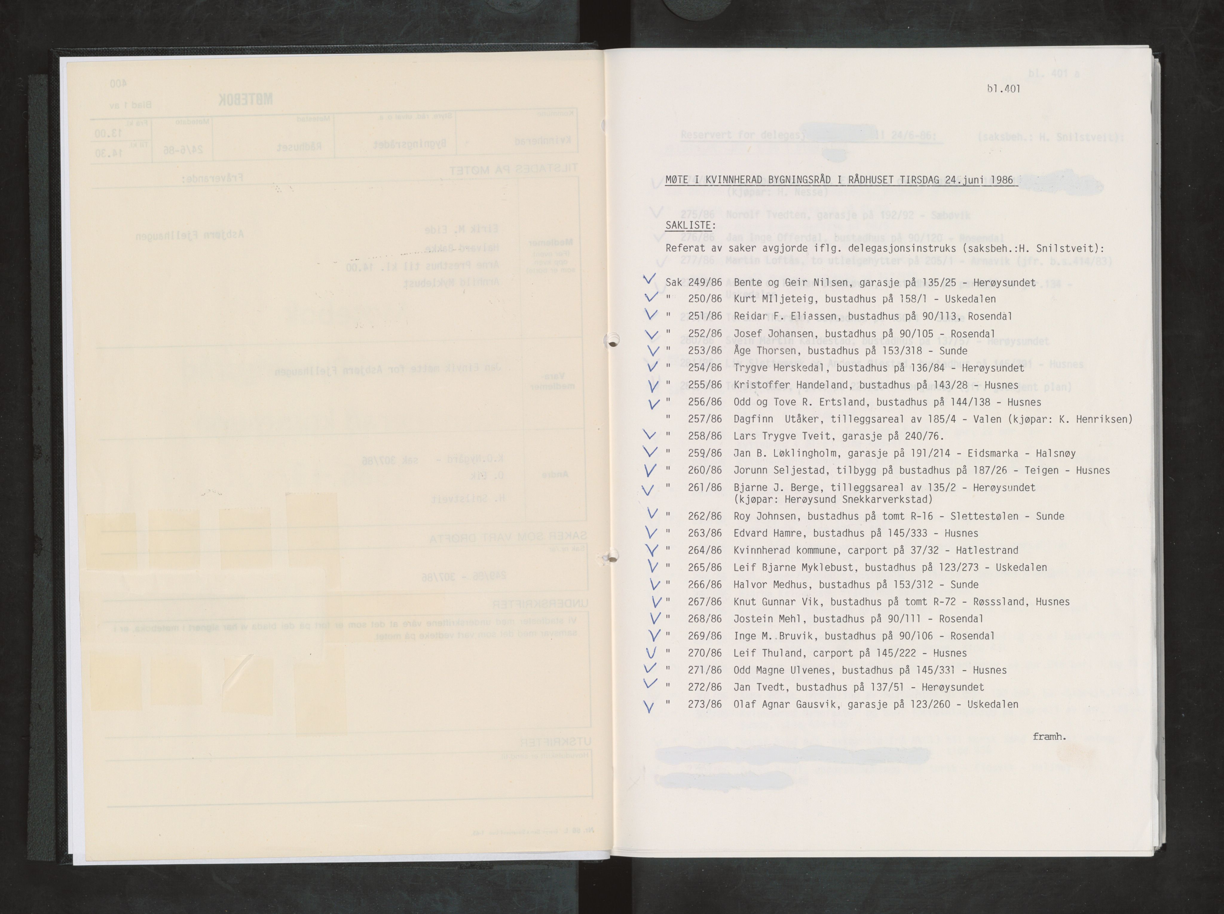 Kvinnherad kommune. Bygningsrådet , IKAH/1224-511/A/Aa/L0050: Møtebok for Kvinnherad bygningsråd, 1986