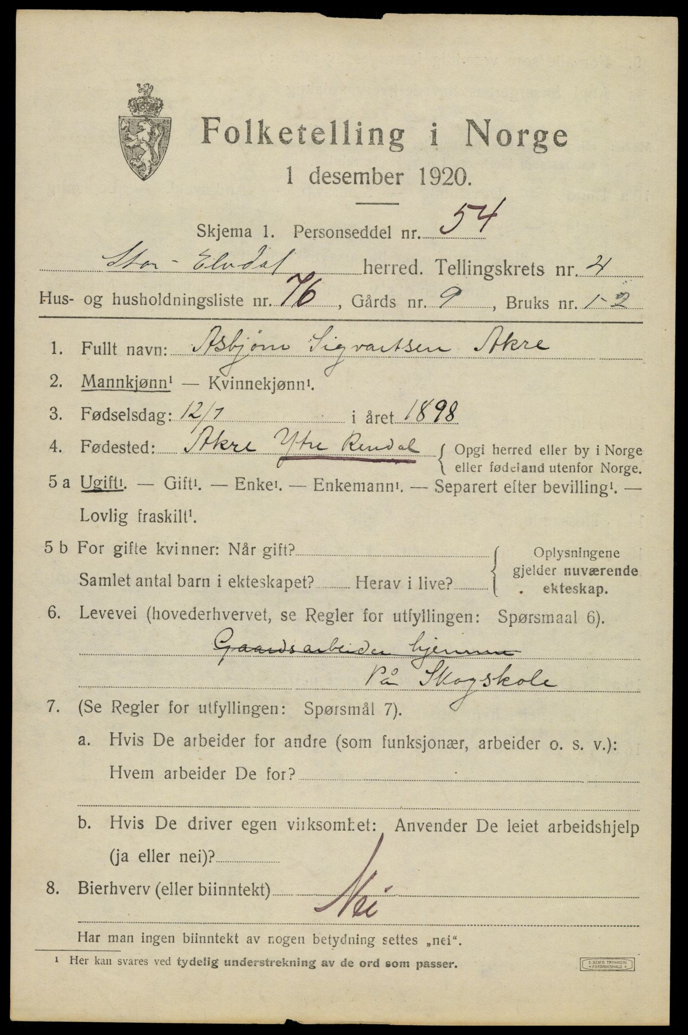 SAH, 1920 census for Stor-Elvdal, 1920, p. 4398