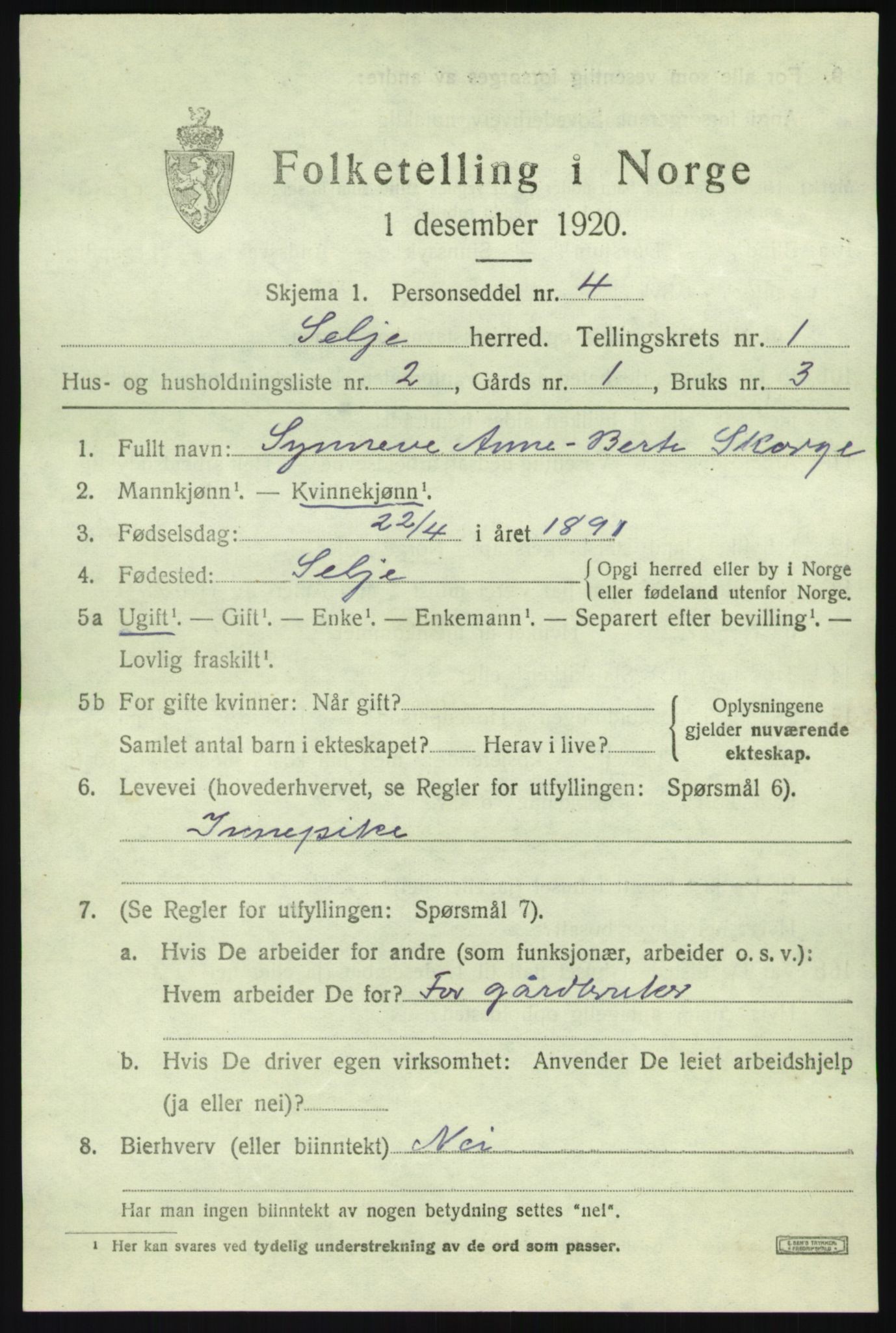 SAB, 1920 census for Selje, 1920, p. 1223