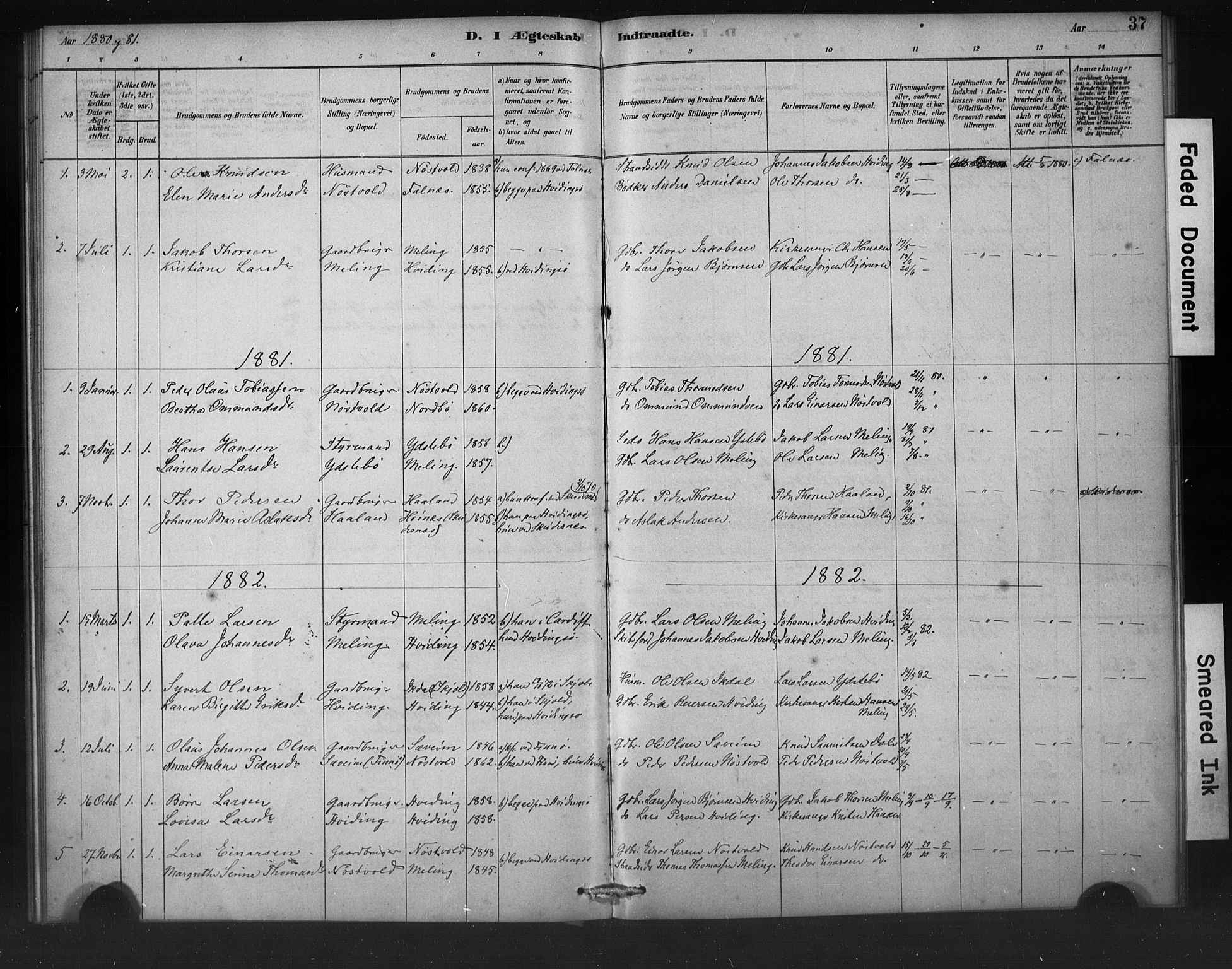 Rennesøy sokneprestkontor, SAST/A -101827/H/Ha/Haa/L0011: Parish register (official) no. A 11, 1878-1887, p. 37