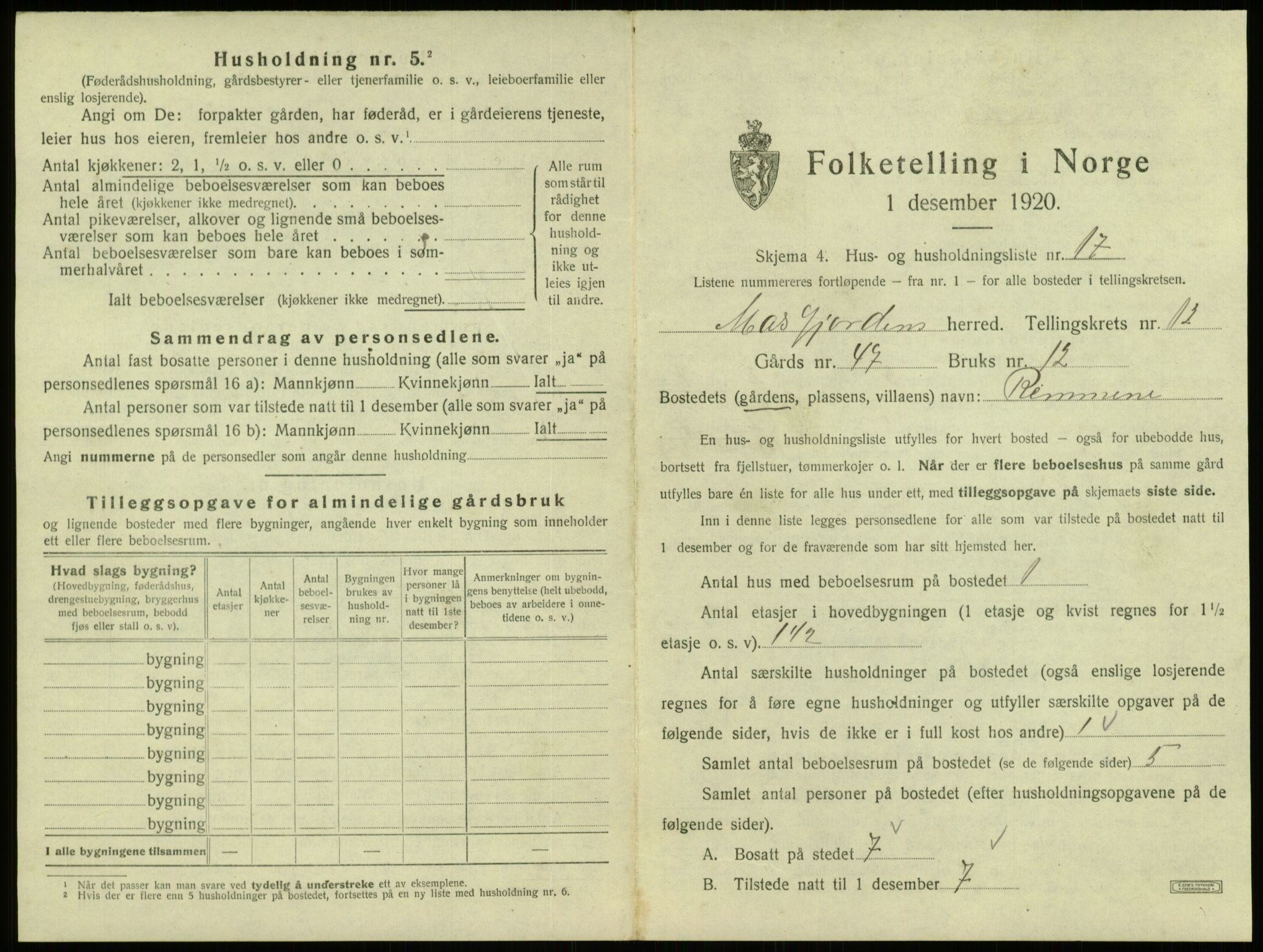 SAB, 1920 census for Masfjorden, 1920, p. 629