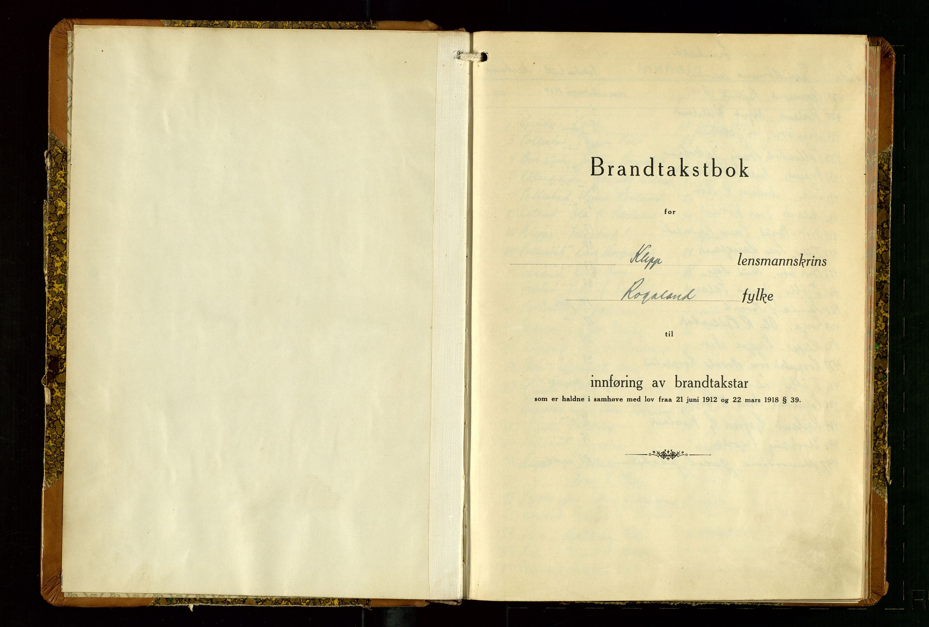 Klepp lensmannskontor, SAST/A-100163/Goc/L0014: "Brandtakstbok" m/register, 1937-1939