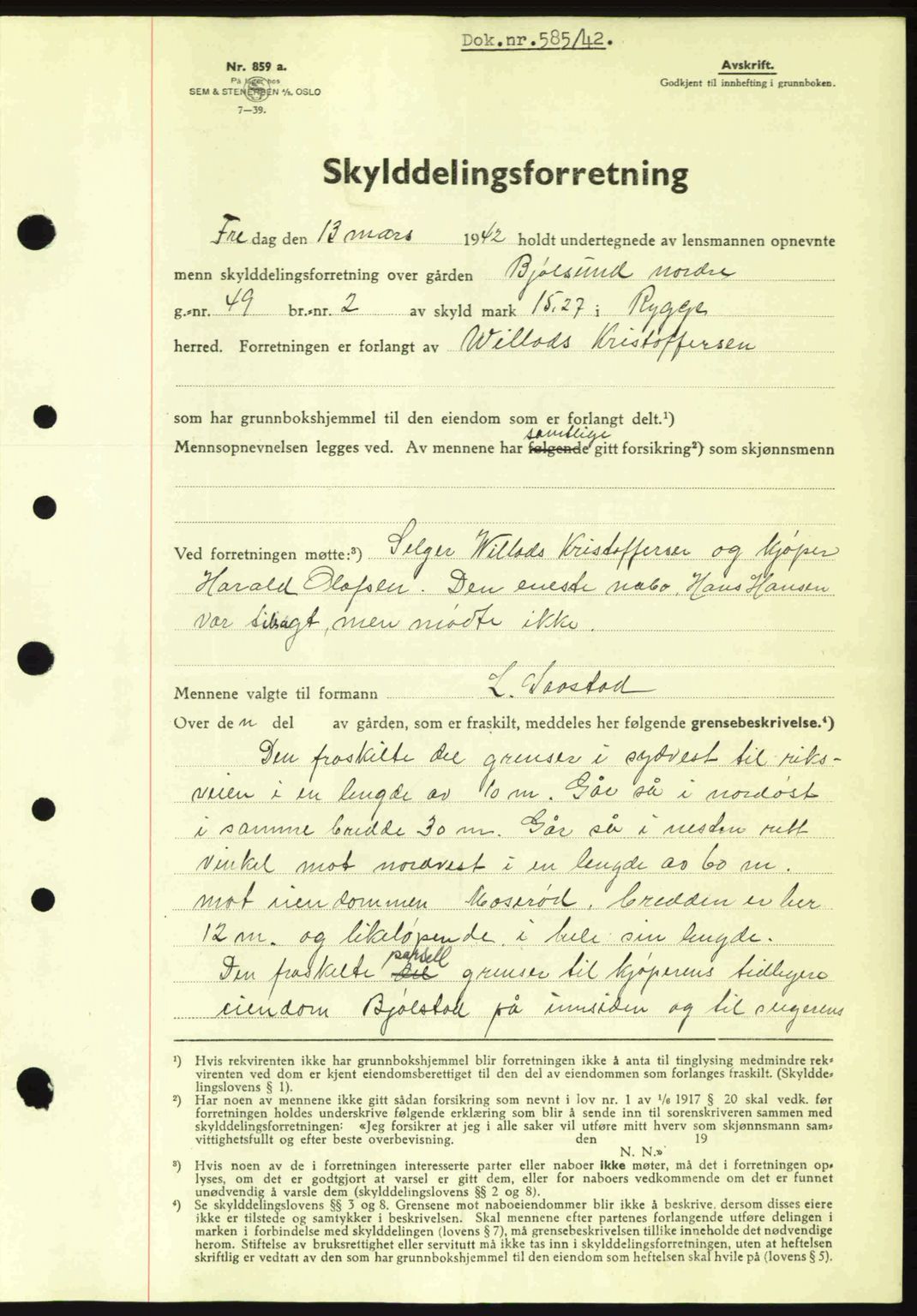 Moss sorenskriveri, SAO/A-10168: Mortgage book no. A9, 1941-1942, Diary no: : 585/1942