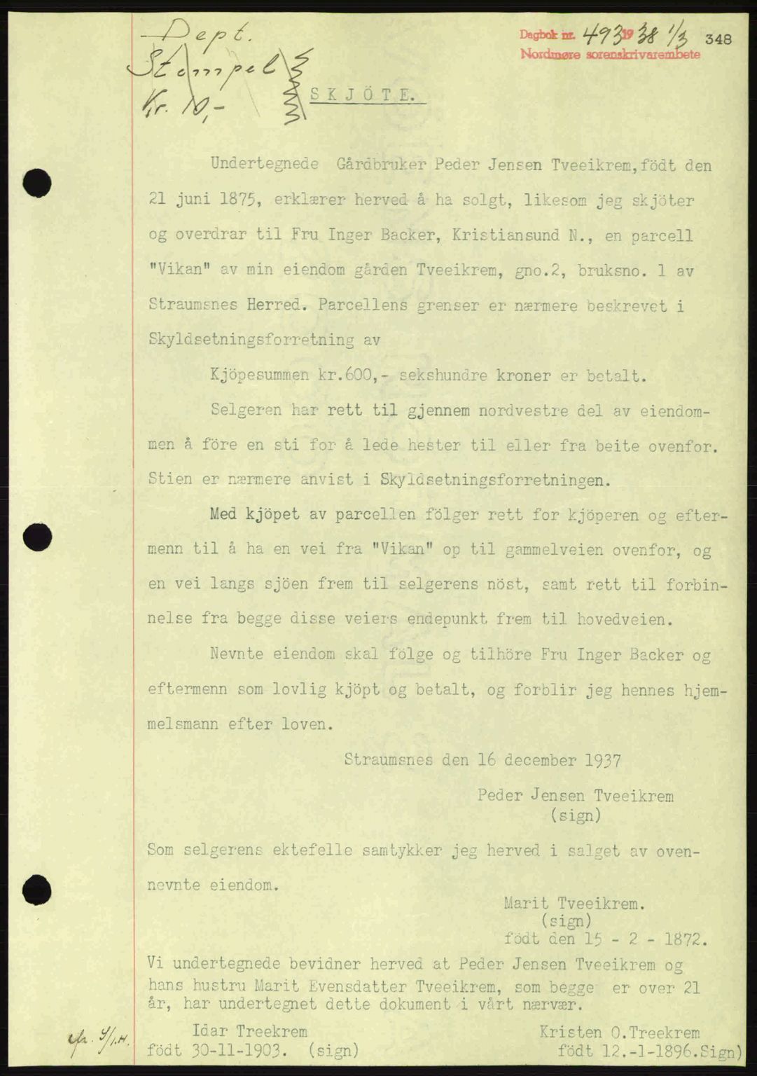 Nordmøre sorenskriveri, AV/SAT-A-4132/1/2/2Ca: Mortgage book no. A83, 1938-1938, Diary no: : 493/1938