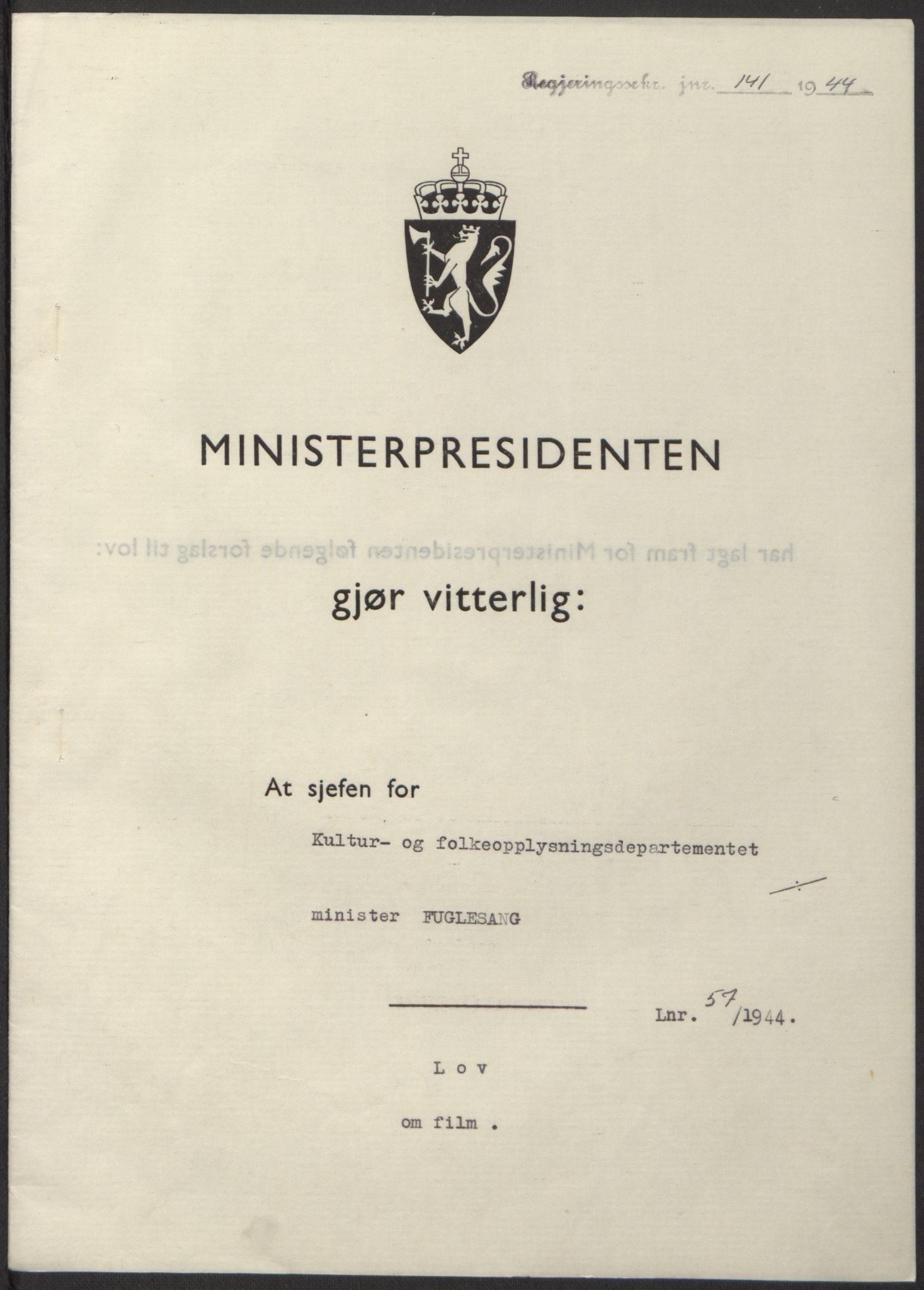 NS-administrasjonen 1940-1945 (Statsrådsekretariatet, de kommisariske statsråder mm), RA/S-4279/D/Db/L0100: Lover, 1944, p. 264