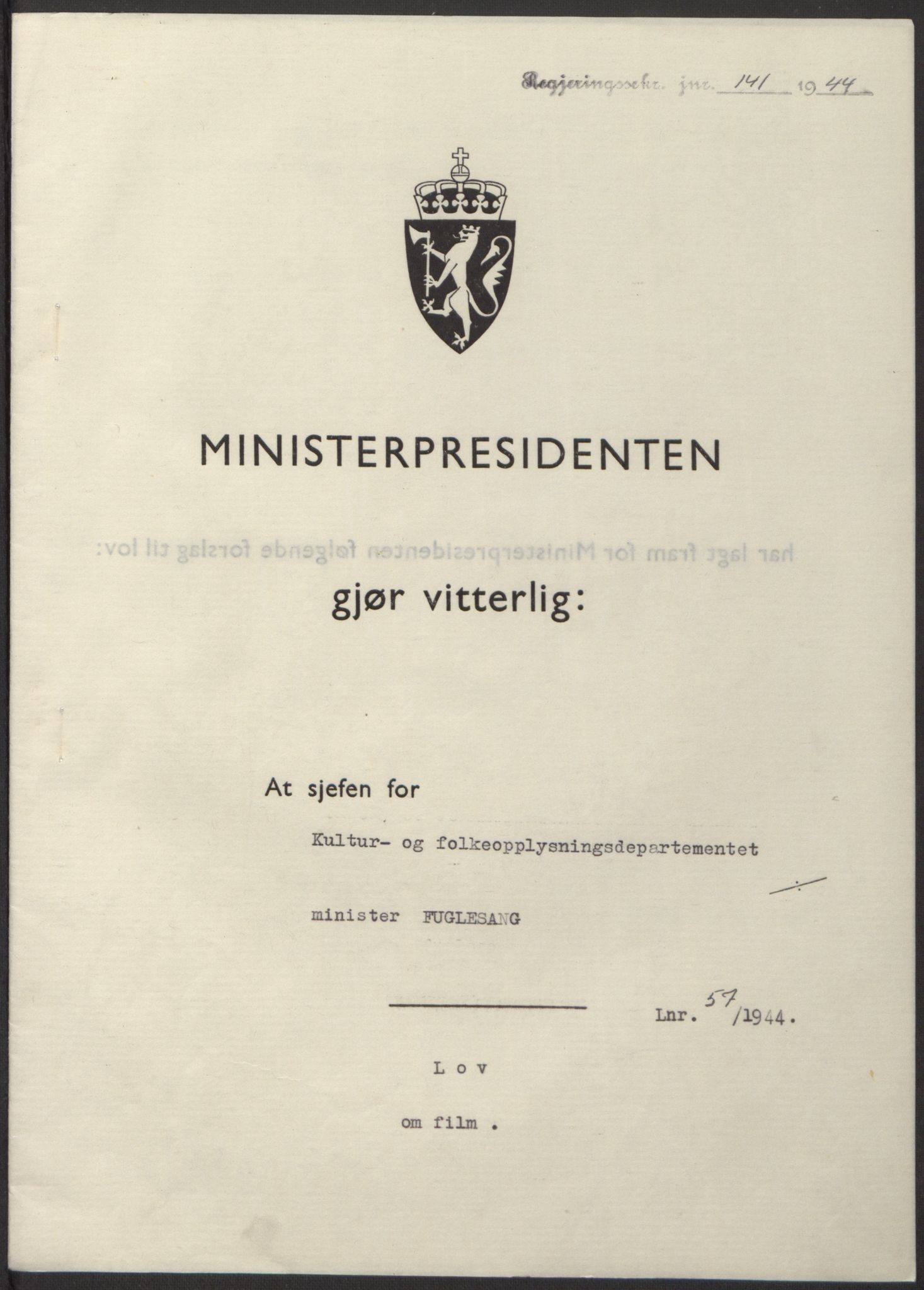 NS-administrasjonen 1940-1945 (Statsrådsekretariatet, de kommisariske statsråder mm), AV/RA-S-4279/D/Db/L0100: Lover, 1944, p. 264