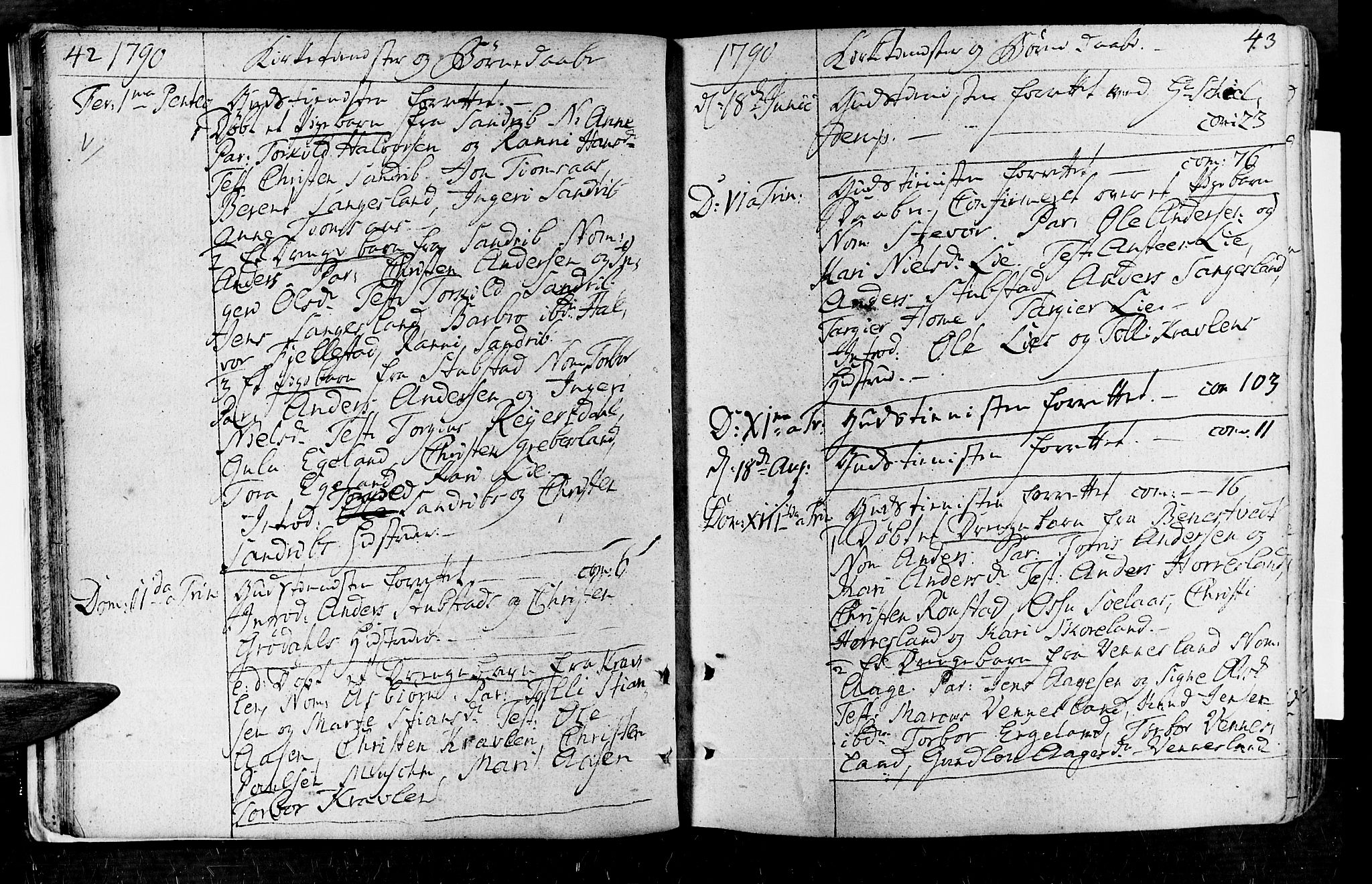 Vennesla sokneprestkontor, AV/SAK-1111-0045/Fa/Fac/L0002: Parish register (official) no. A 2, 1785-1834, p. 42-43