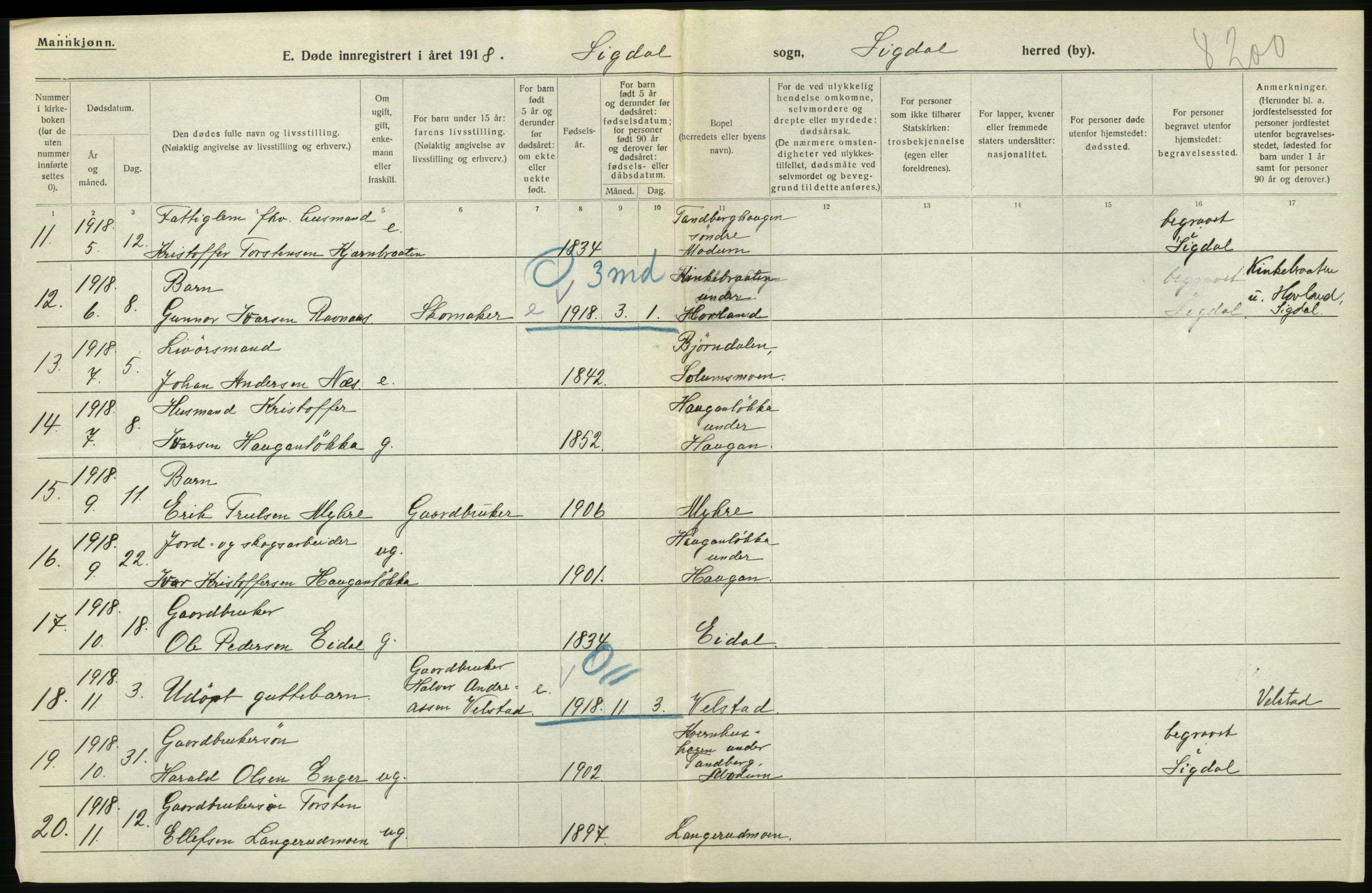 Statistisk sentralbyrå, Sosiodemografiske emner, Befolkning, RA/S-2228/D/Df/Dfb/Dfbh/L0020: Buskerud fylke: Døde. Bygder og byer., 1918, p. 216