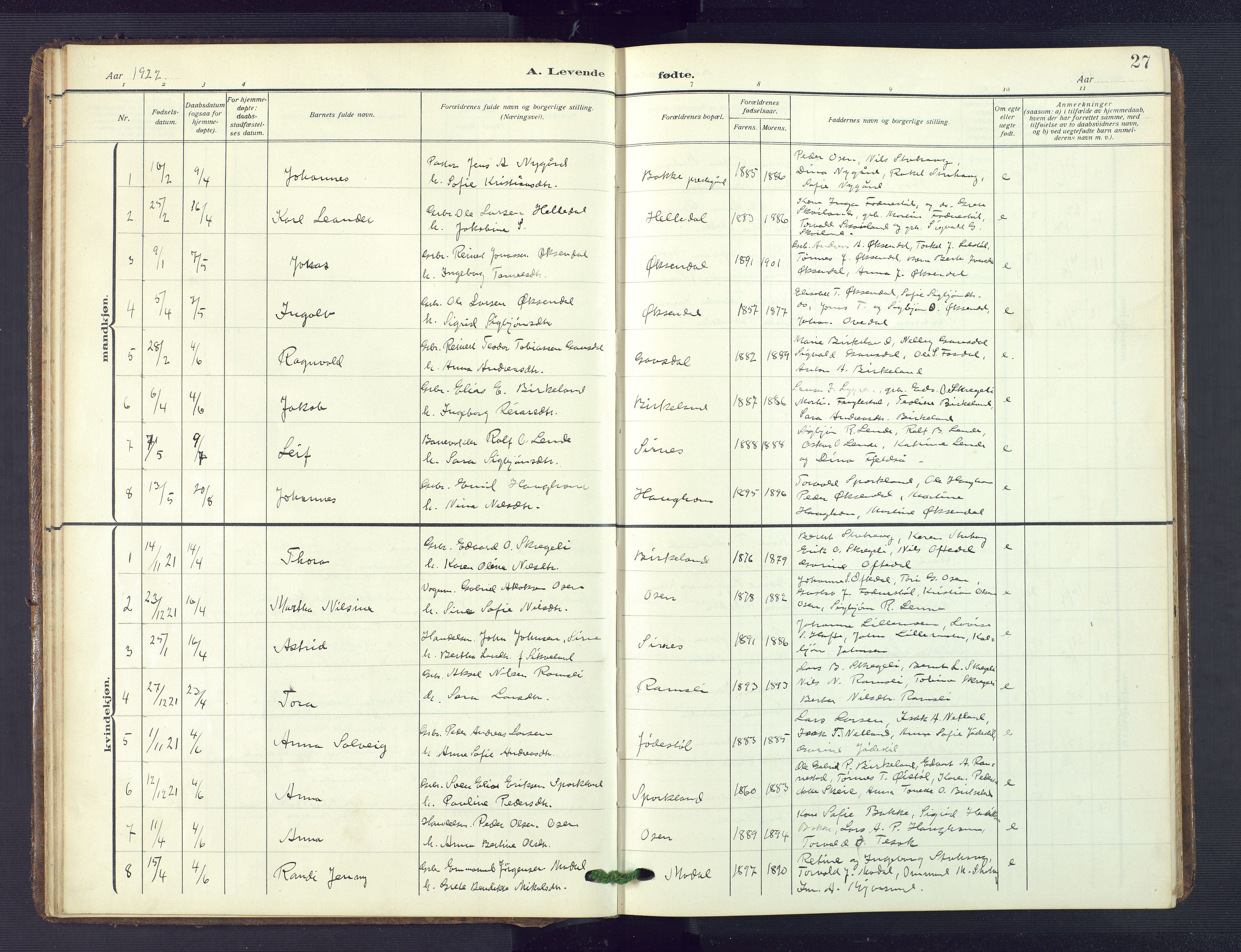 Bakke sokneprestkontor, SAK/1111-0002/F/Fb/Fba/L0004: Parish register (copy) no. B 4, 1911-1946, p. 27