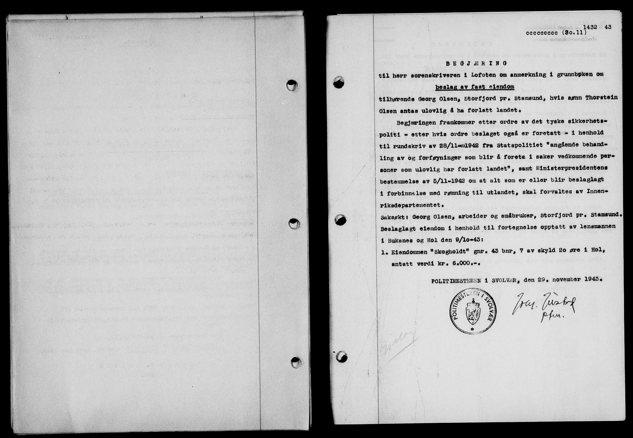 Lofoten sorenskriveri, SAT/A-0017/1/2/2C/L0011a: Mortgage book no. 11a, 1943-1943, Diary no: : 1432/1943