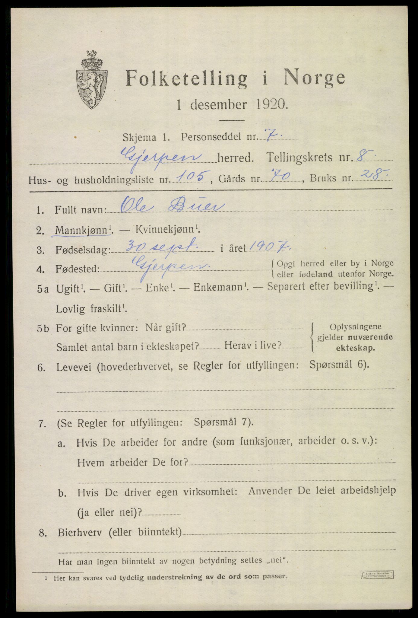 SAKO, 1920 census for Gjerpen, 1920, p. 10748