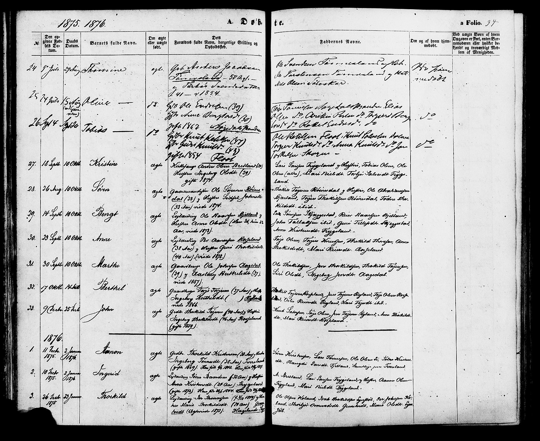 Bjelland sokneprestkontor, SAK/1111-0005/F/Fa/Faa/L0003: Parish register (official) no. A 3, 1867-1887, p. 34