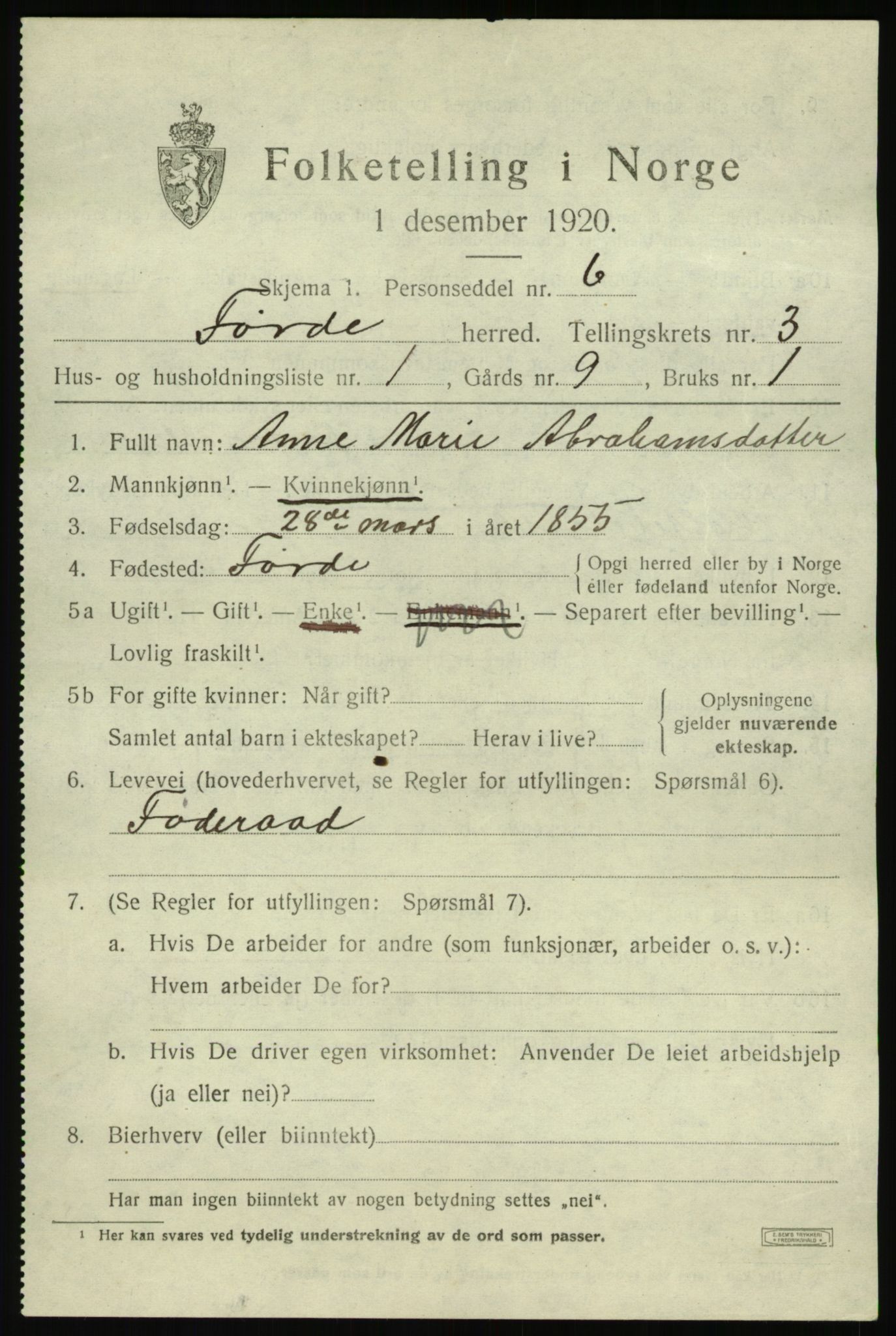 SAB, 1920 census for Førde, 1920, p. 1550