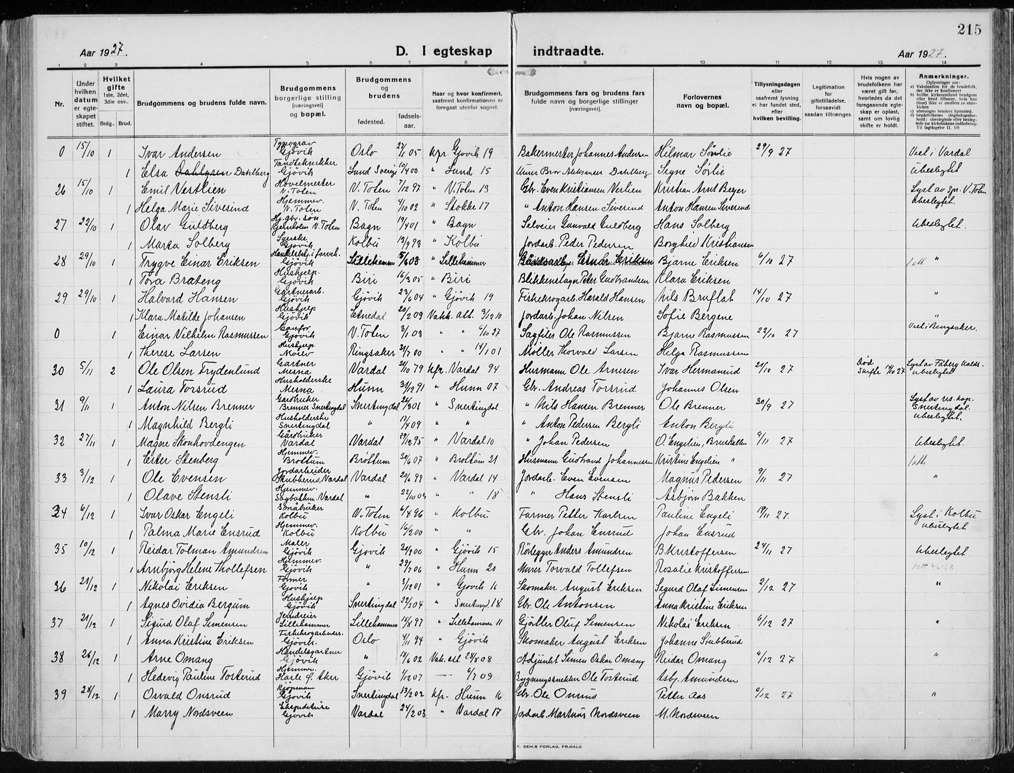 Vardal prestekontor, SAH/PREST-100/H/Ha/Haa/L0015: Parish register (official) no. 15, 1923-1937, p. 215