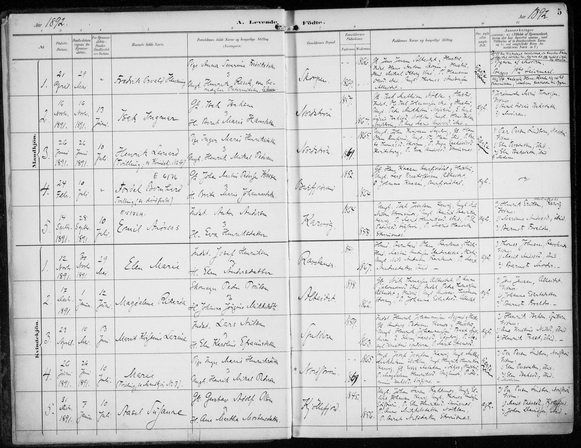 Skjervøy sokneprestkontor, AV/SATØ-S-1300/H/Ha/Haa/L0016kirke: Parish register (official) no. 16, 1892-1908, p. 5