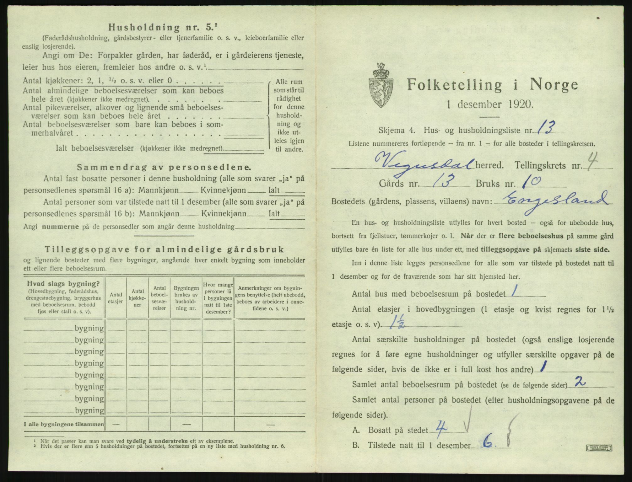 SAK, 1920 census for Vegusdal, 1920, p. 189