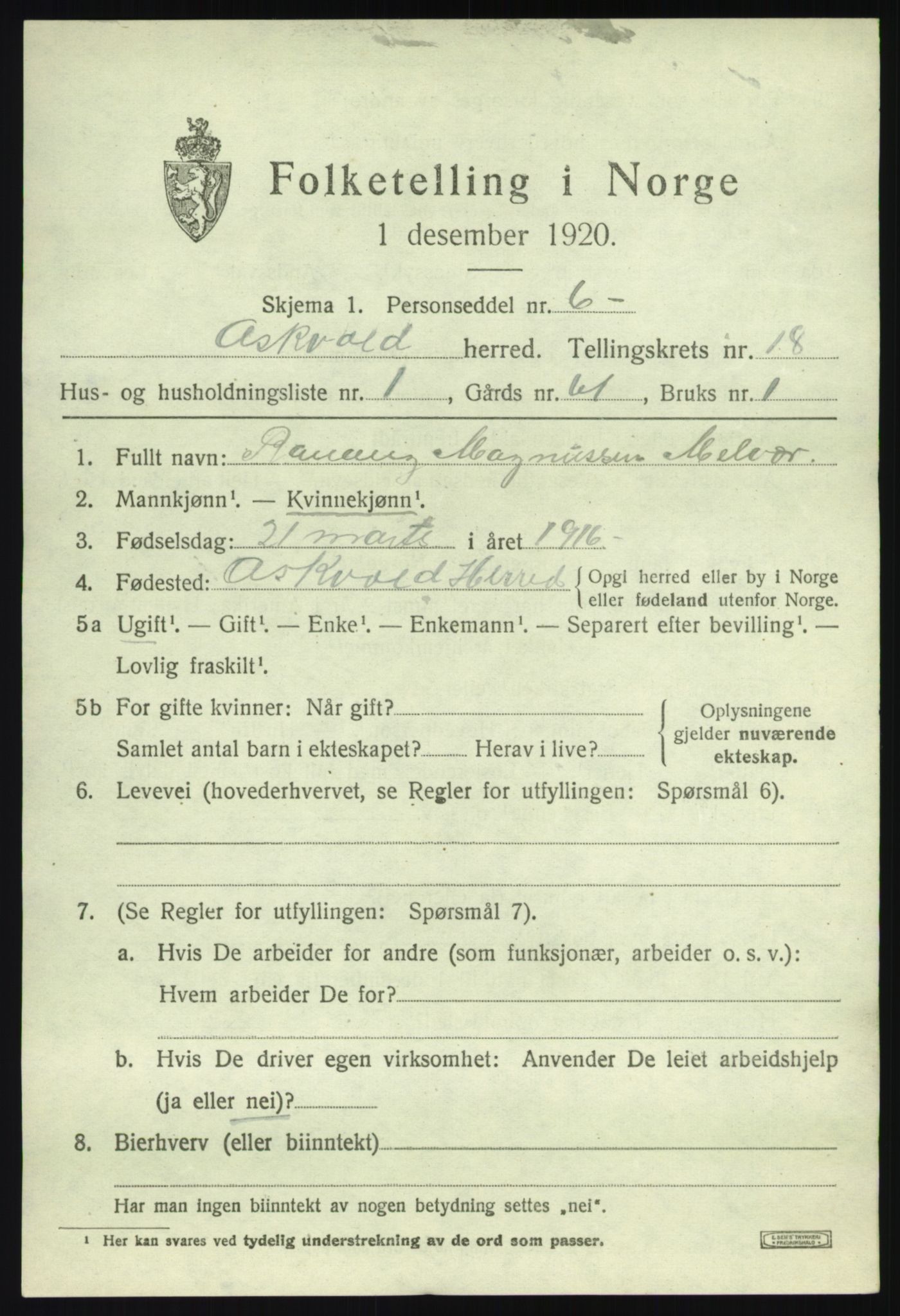 SAB, 1920 census for Askvoll, 1920, p. 6764