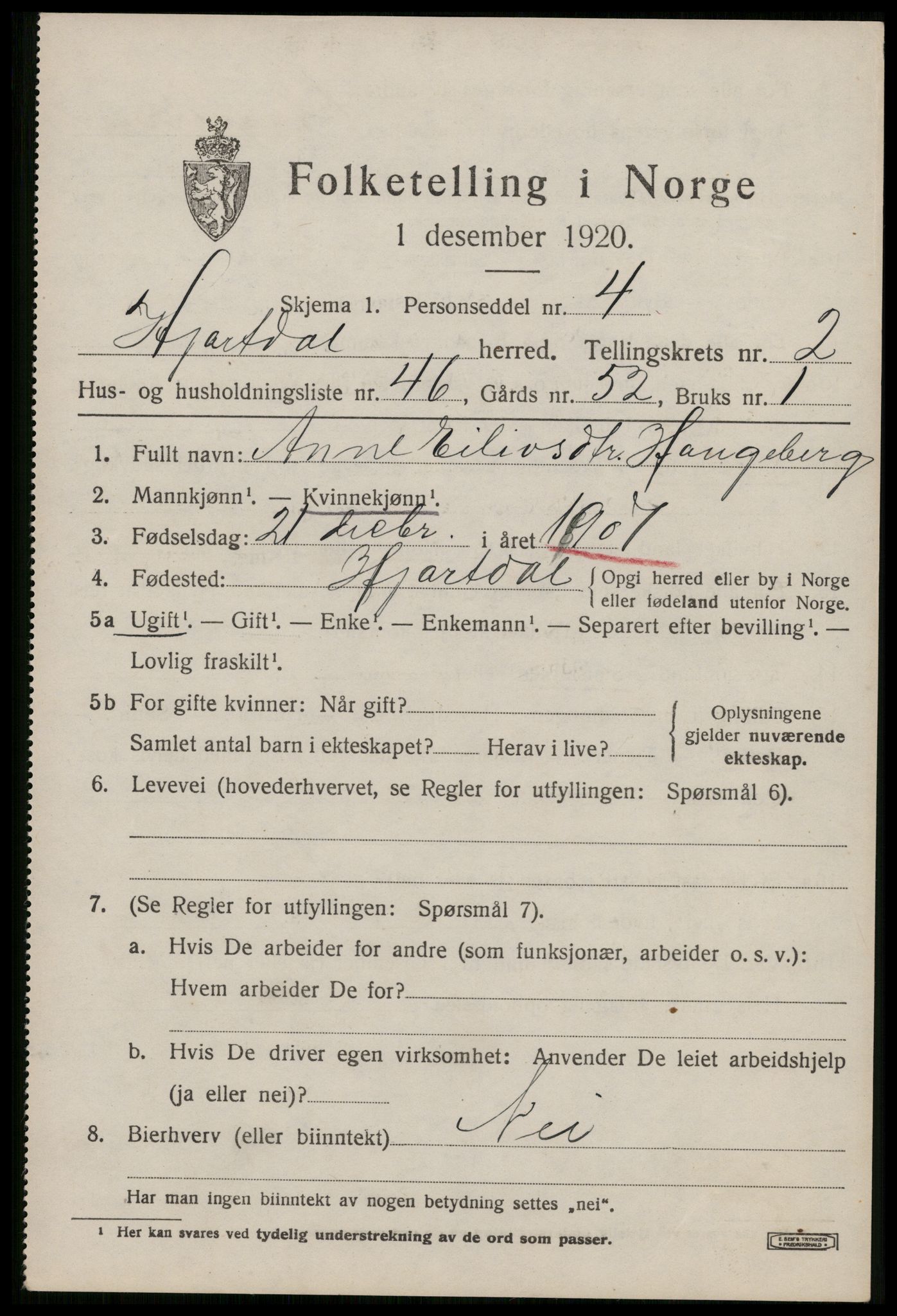 SAKO, 1920 census for Hjartdal, 1920, p. 2306