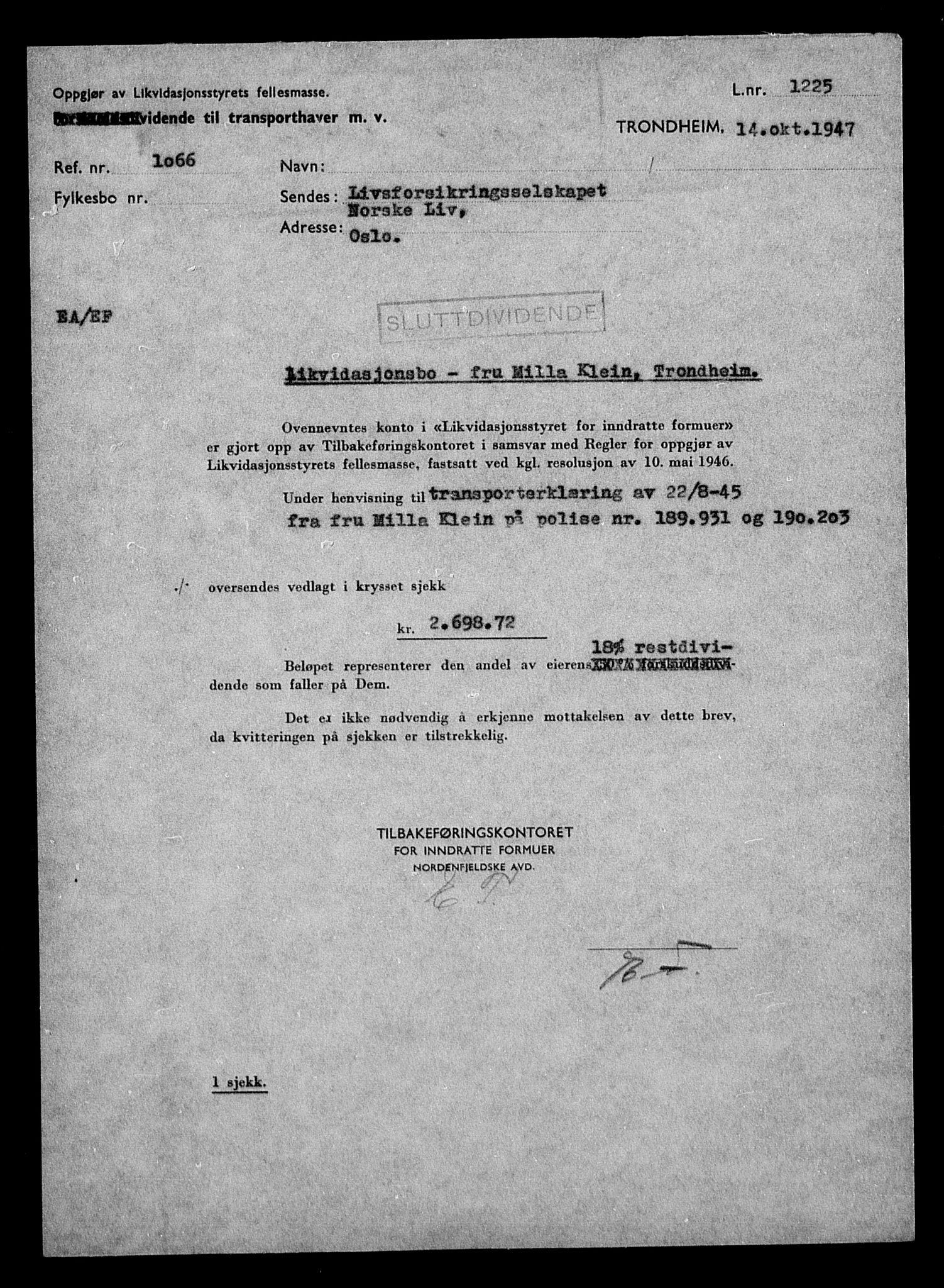 Justisdepartementet, Tilbakeføringskontoret for inndratte formuer, AV/RA-S-1564/H/Hc/Hca/L0902: --, 1945-1947, p. 158