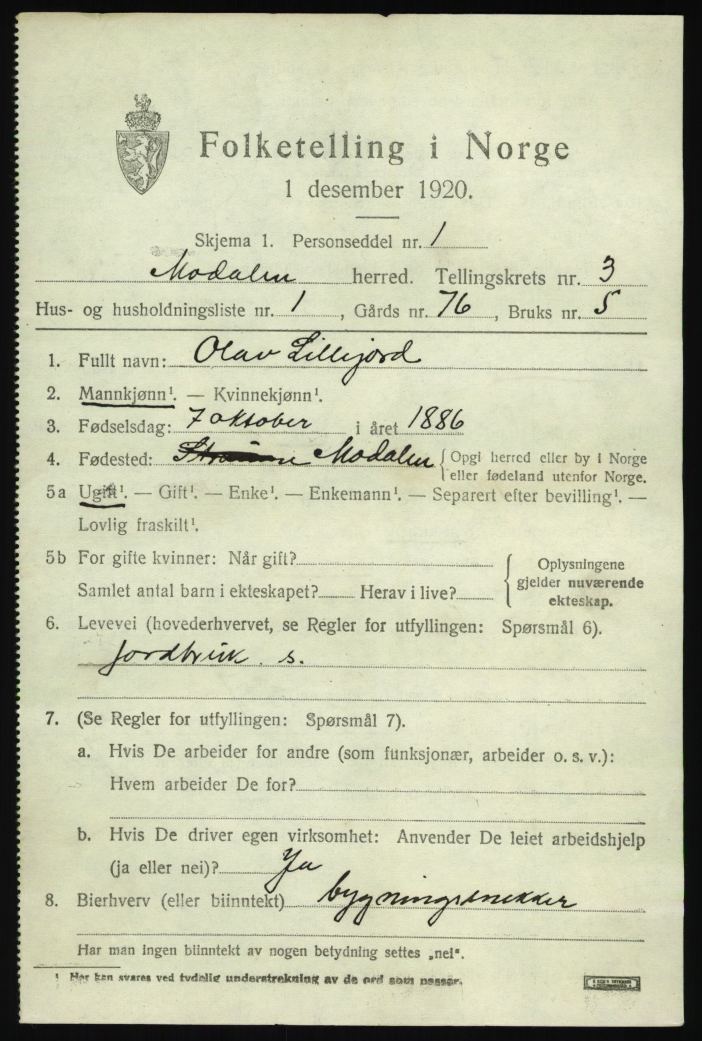 SAB, 1920 census for Modalen, 1920, p. 530