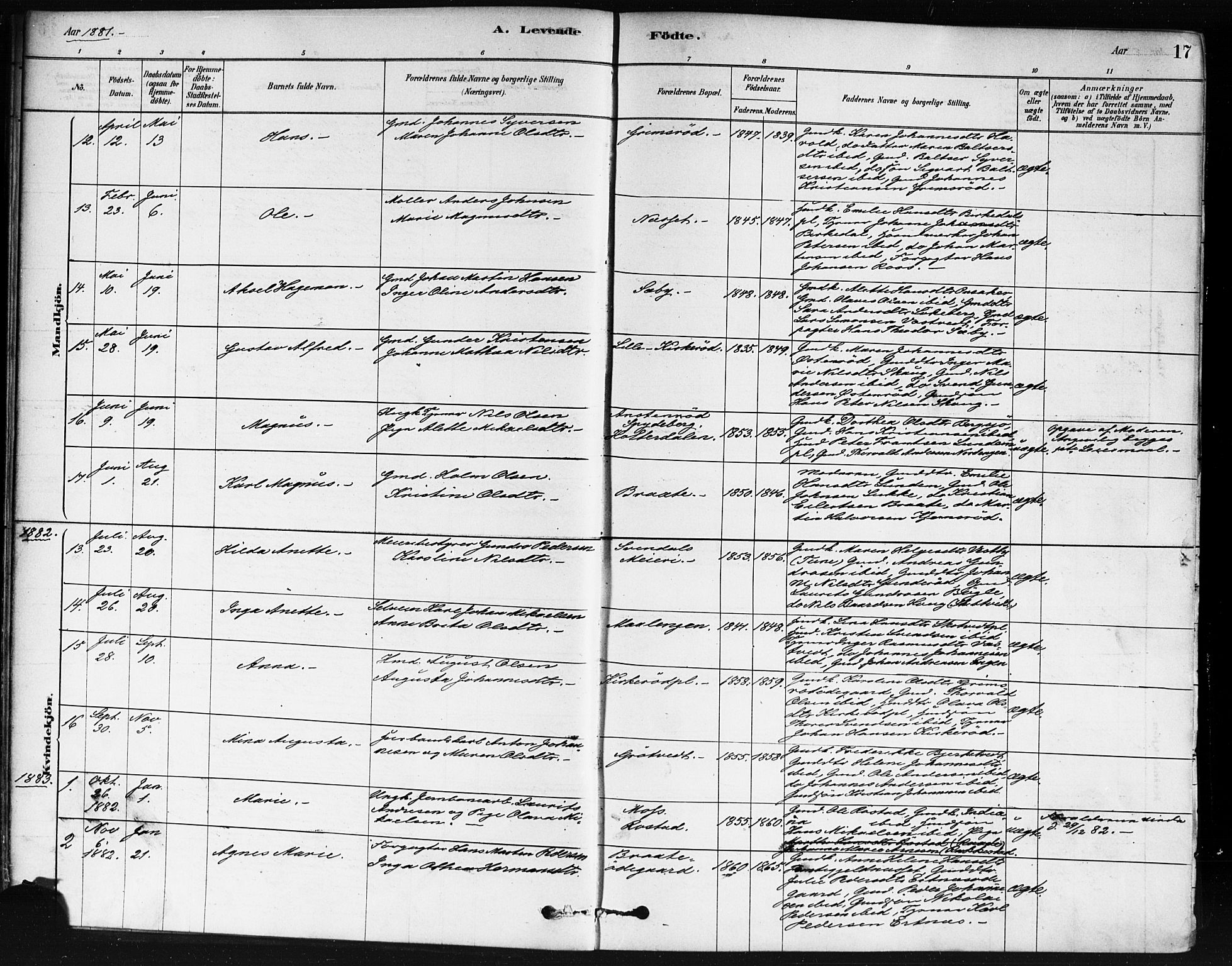 Våler prestekontor Kirkebøker, SAO/A-11083/F/Fb/L0001: Parish register (official) no. II 1, 1878-1896, p. 17