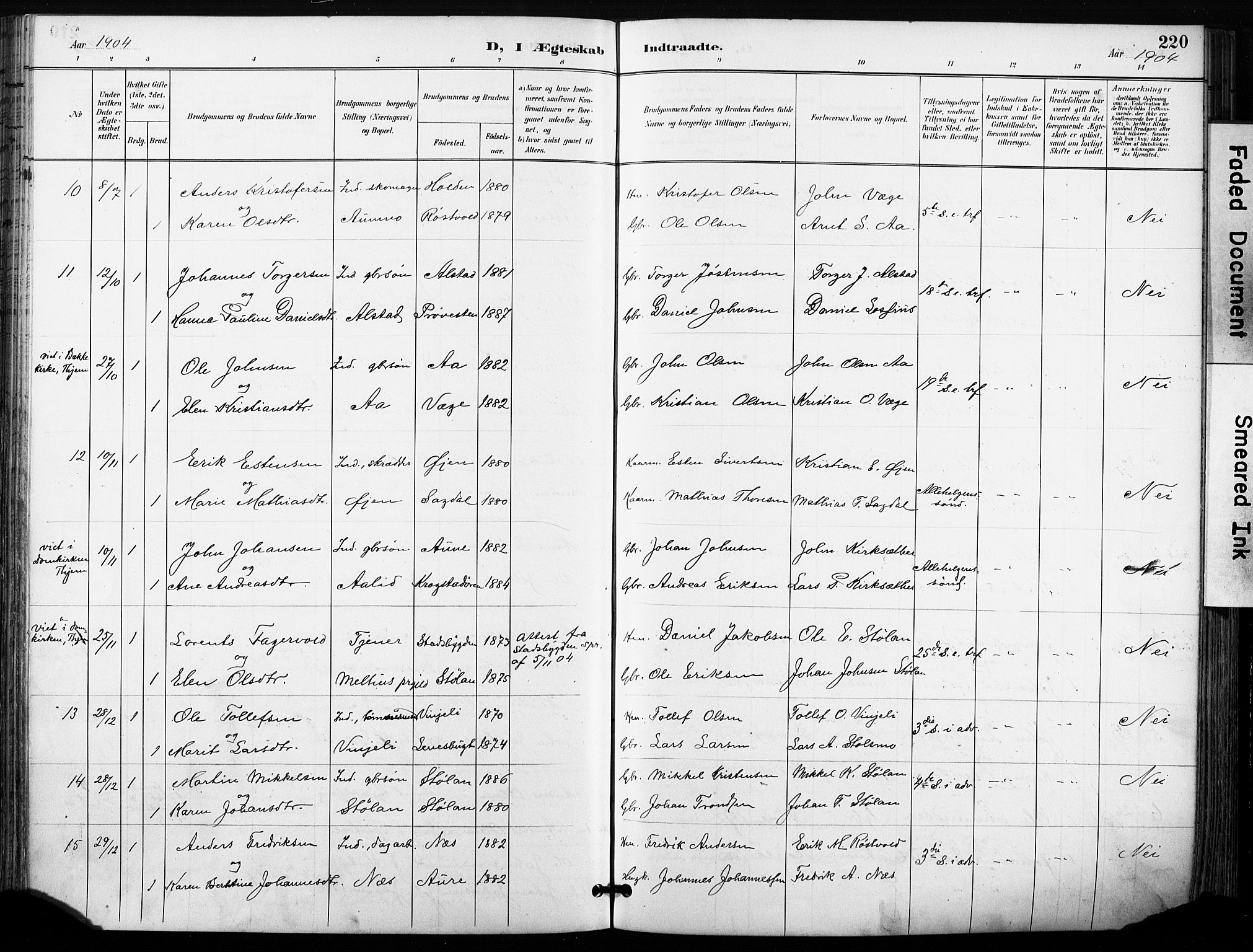 Ministerialprotokoller, klokkerbøker og fødselsregistre - Sør-Trøndelag, AV/SAT-A-1456/630/L0497: Parish register (official) no. 630A10, 1896-1910, p. 220