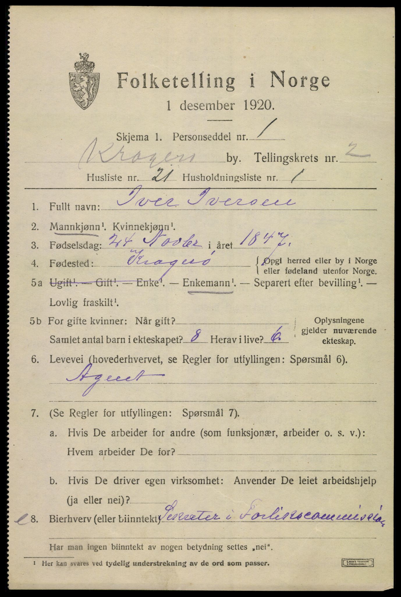 SAKO, 1920 census for Kragerø, 1920, p. 5615