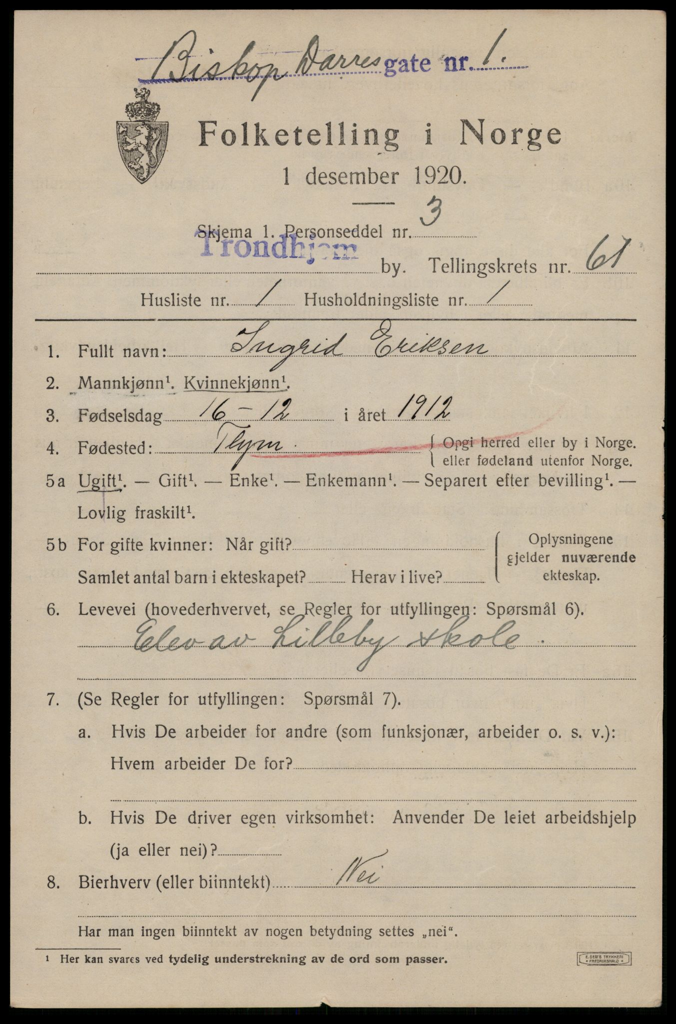 SAT, 1920 census for Trondheim, 1920, p. 122250