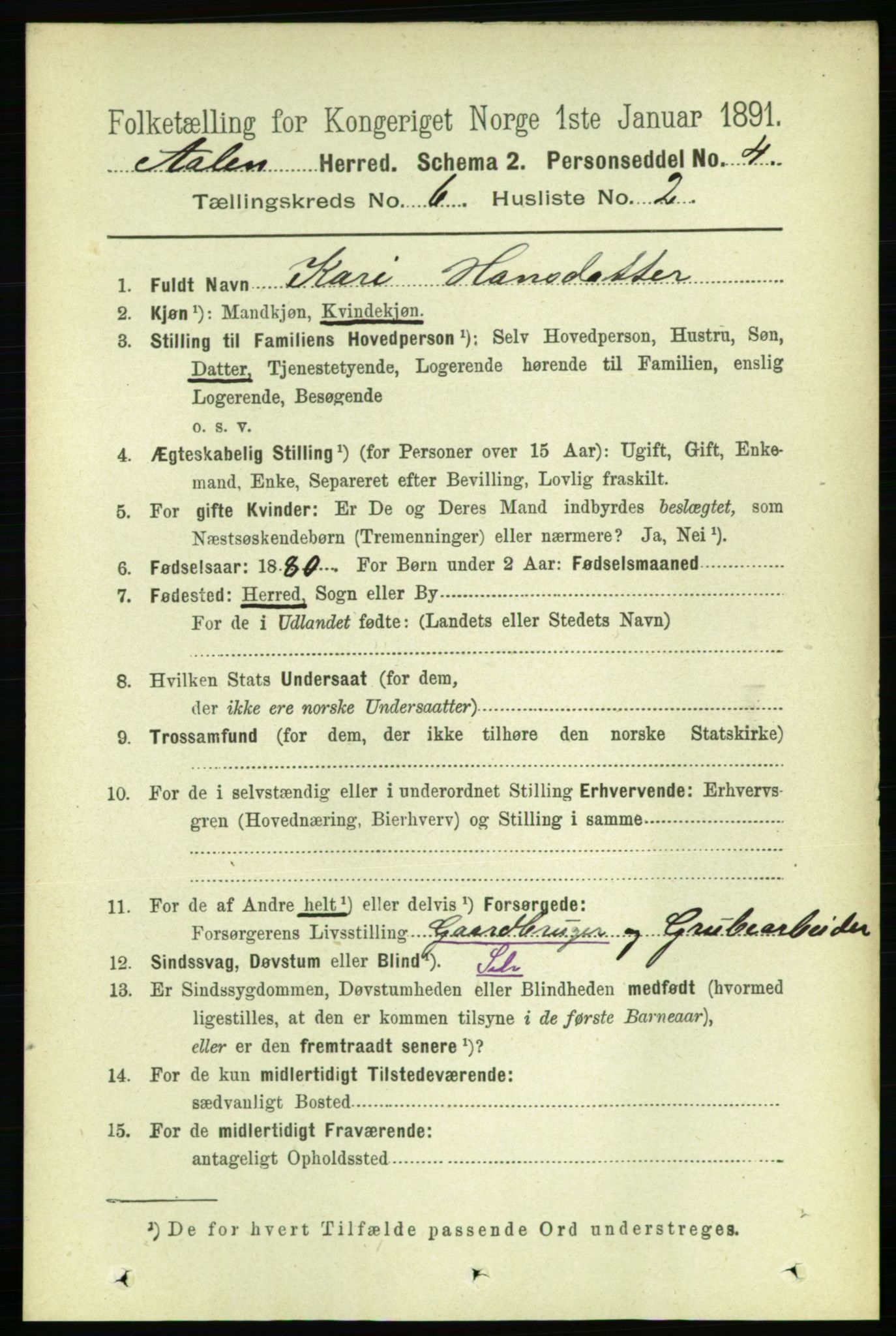 RA, 1891 census for 1644 Ålen, 1891, p. 1926