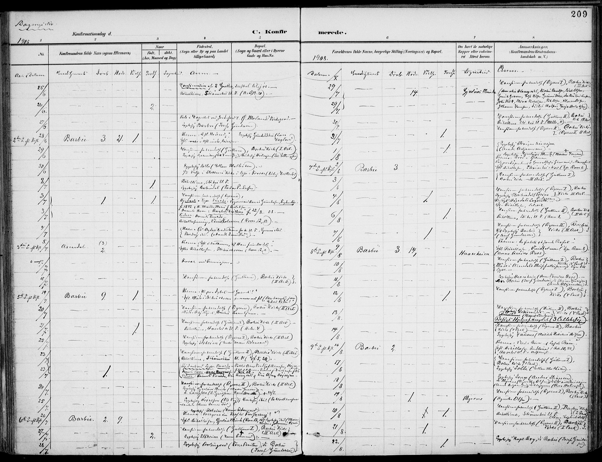 Barbu sokneprestkontor, AV/SAK-1111-0003/F/Fa/L0005: Parish register (official) no. A 5, 1899-1909, p. 209