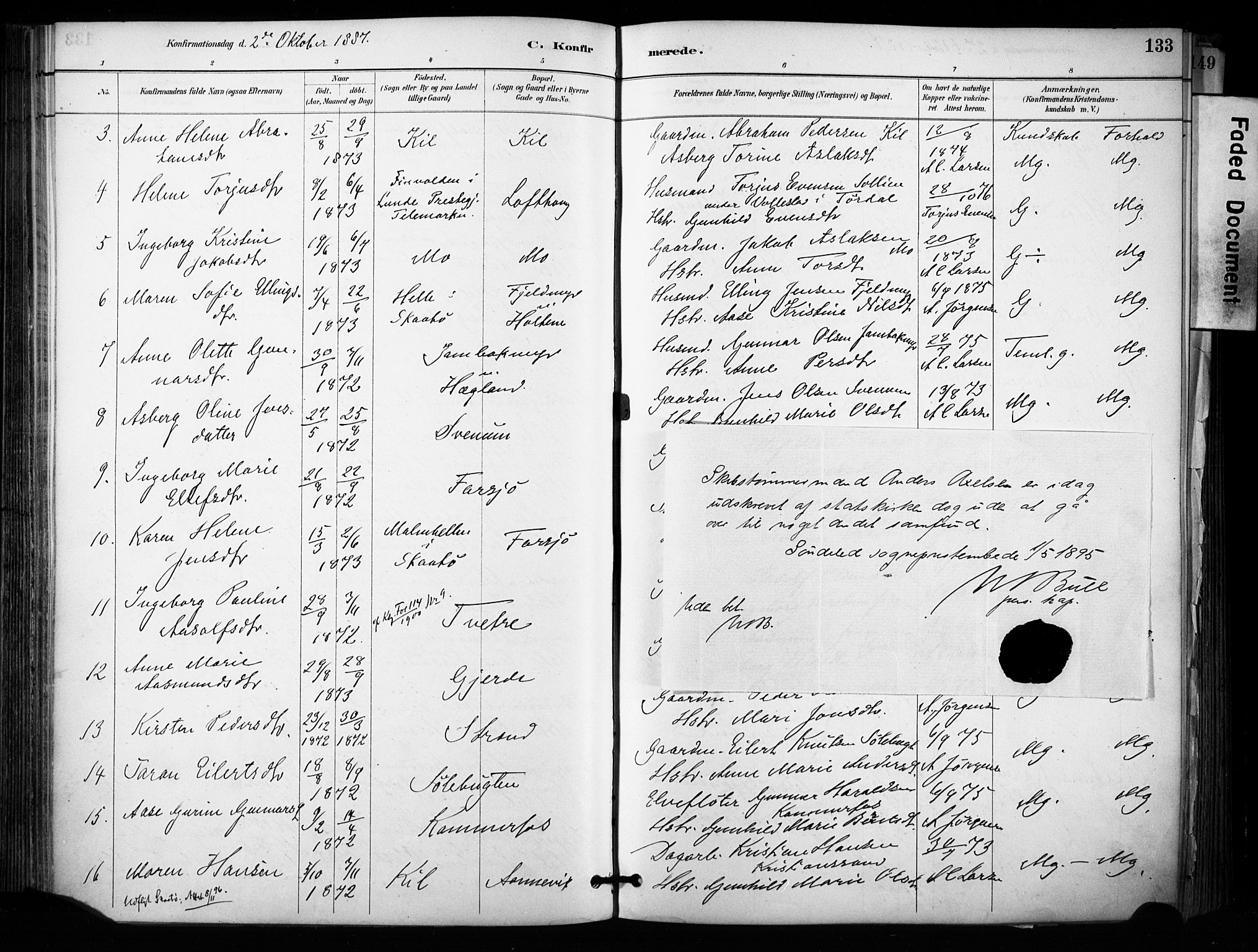 Sannidal kirkebøker, SAKO/A-296/F/Fa/L0015: Parish register (official) no. 15, 1884-1899, p. 133