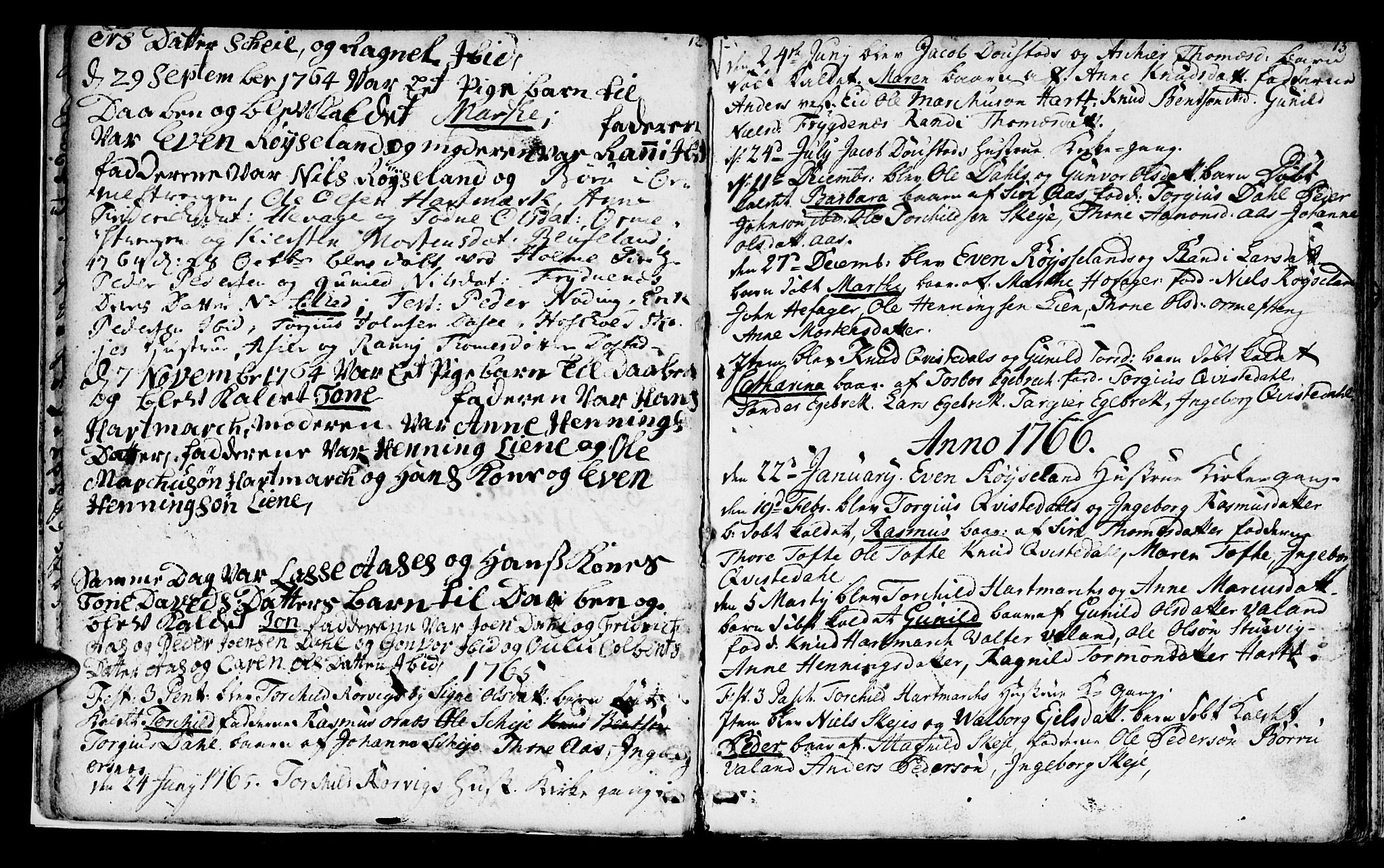 Mandal sokneprestkontor, AV/SAK-1111-0030/F/Fa/Fab/L0002: Parish register (official) no. A 2, 1753-1801, p. 12-13