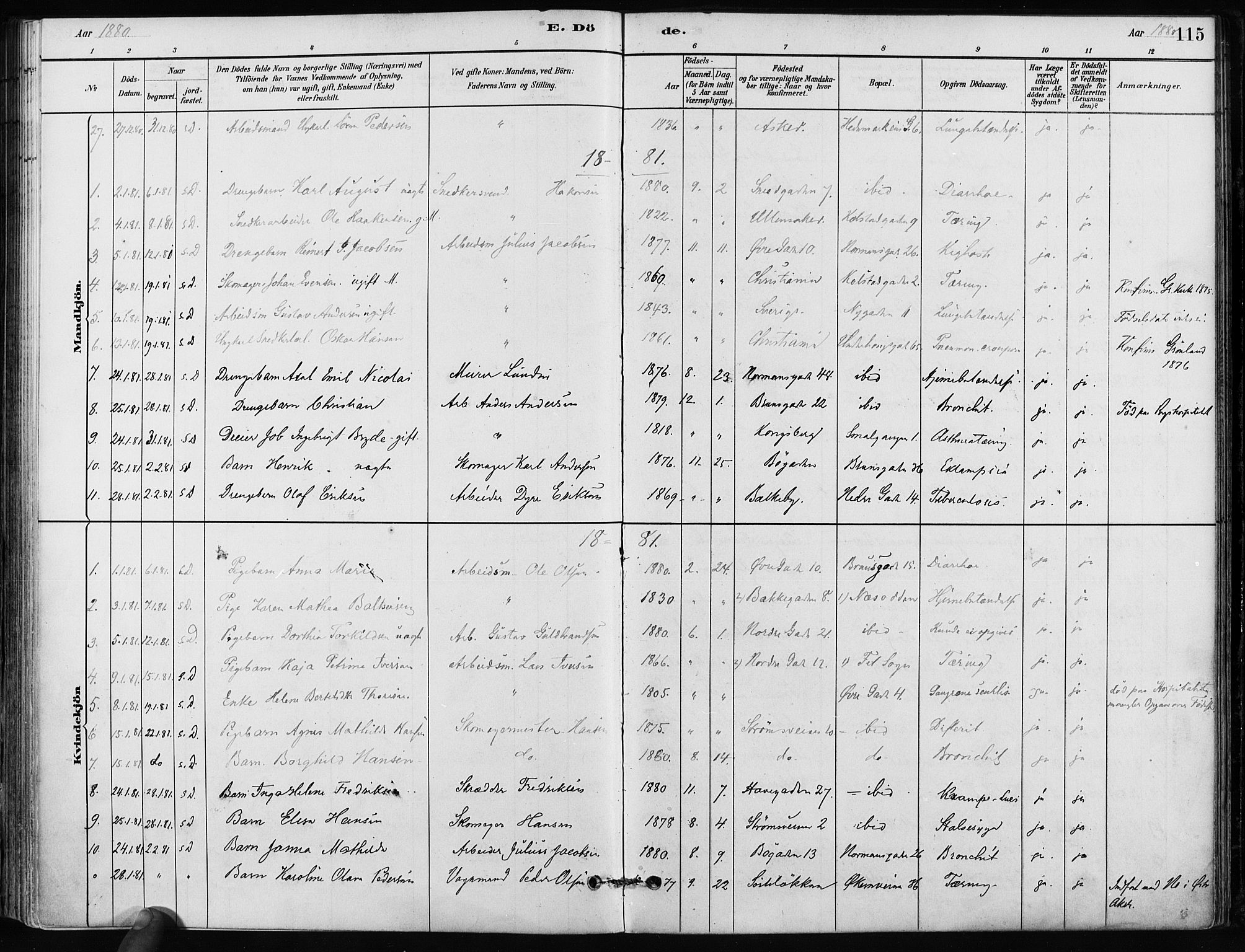 Kampen prestekontor Kirkebøker, AV/SAO-A-10853/F/Fa/L0002: Parish register (official) no. I 2, 1880-1888, p. 115