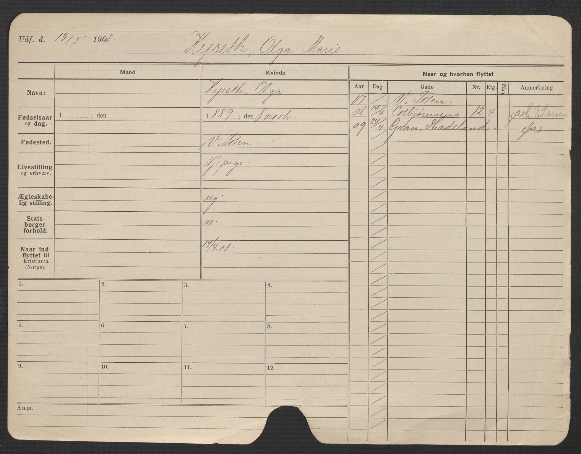 Oslo folkeregister, Registerkort, AV/SAO-A-11715/F/Fa/Fac/L0019: Kvinner, 1906-1914, p. 694a