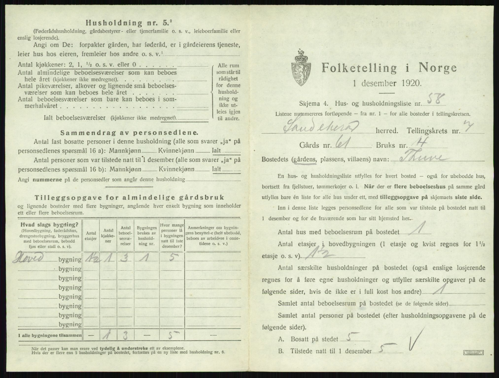 SAKO, 1920 census for Sandeherred, 1920, p. 1573